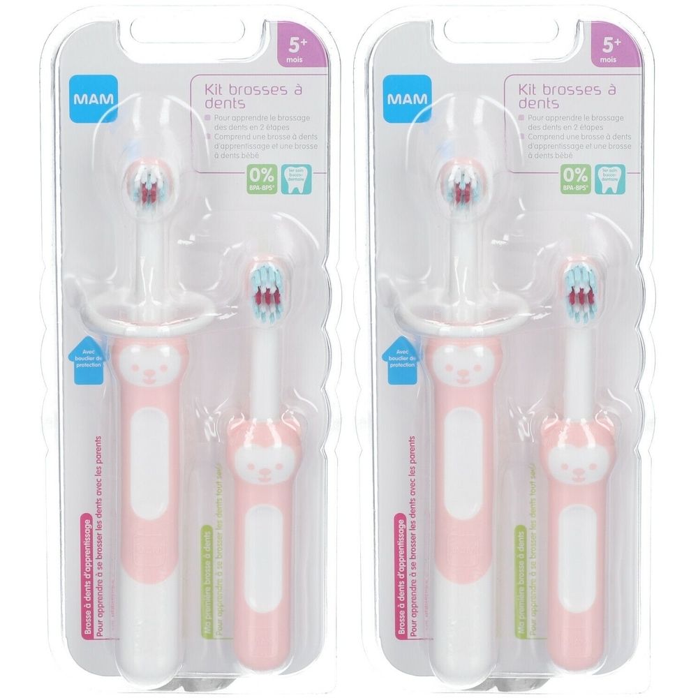 Deux kits de brosses à dents sous blister. Manches roses et blancs, poils transparents. Logo MAM et texte sur l'emballage.