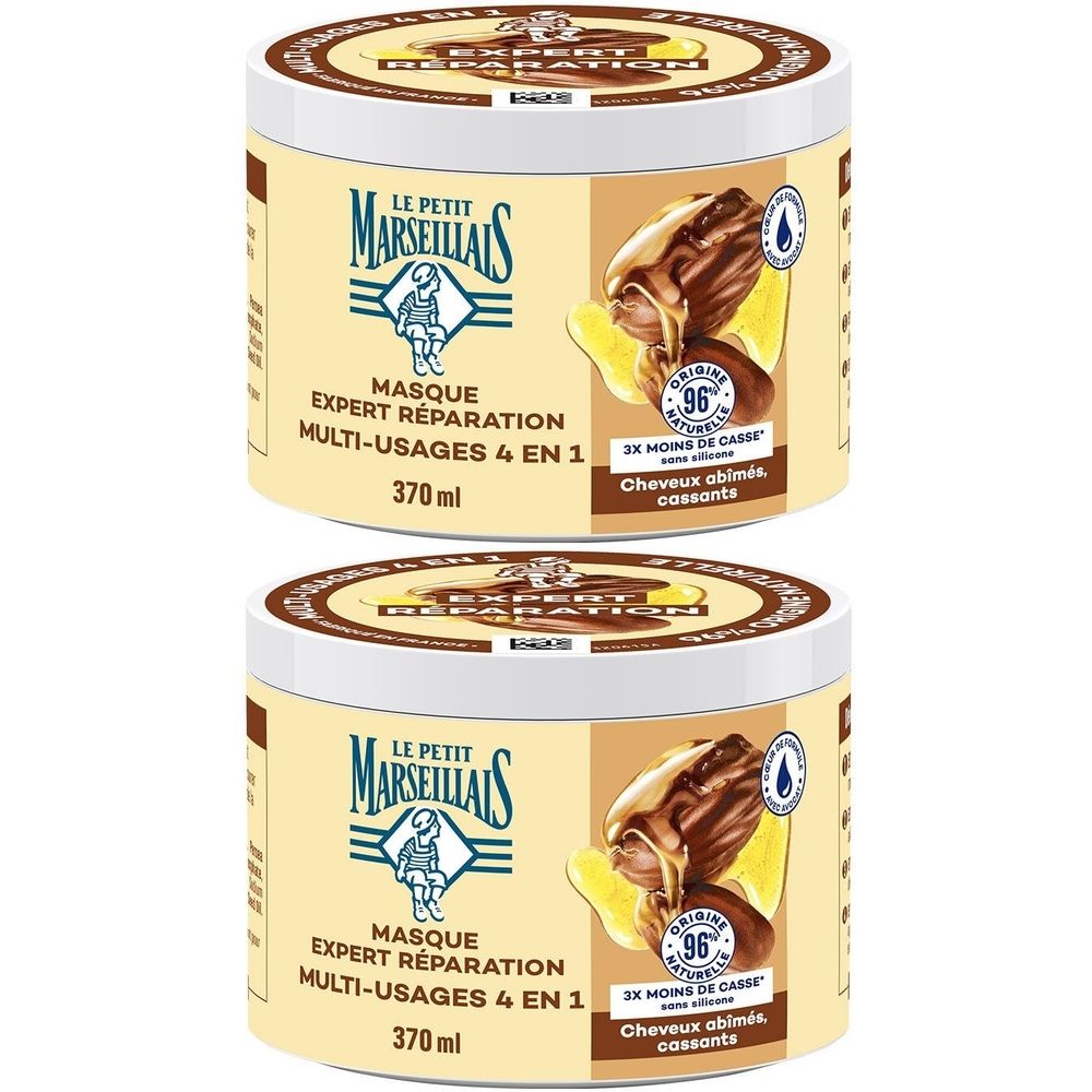 Deux pots de LE PETIT MARSEILLAIS Masque Expert Réparation. Inscription: MASQUE EXPERT RÉPARATION, MULTI-USAGES 4 EN 1, 370 ml.