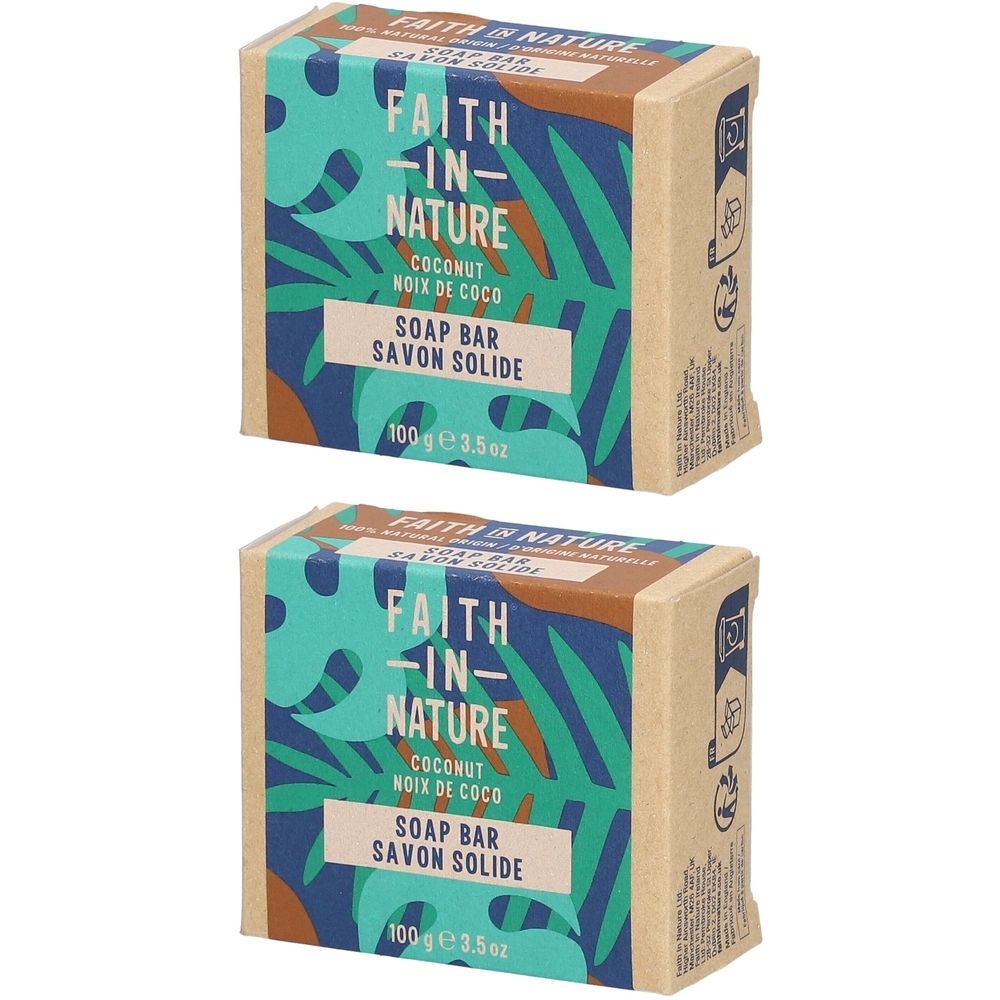 Deux savons solides rectangulaires en emballage carton. Inscription : FAITH IN NATURE, COCONUT, SAVON SOLIDE. 100g/3.5oz.