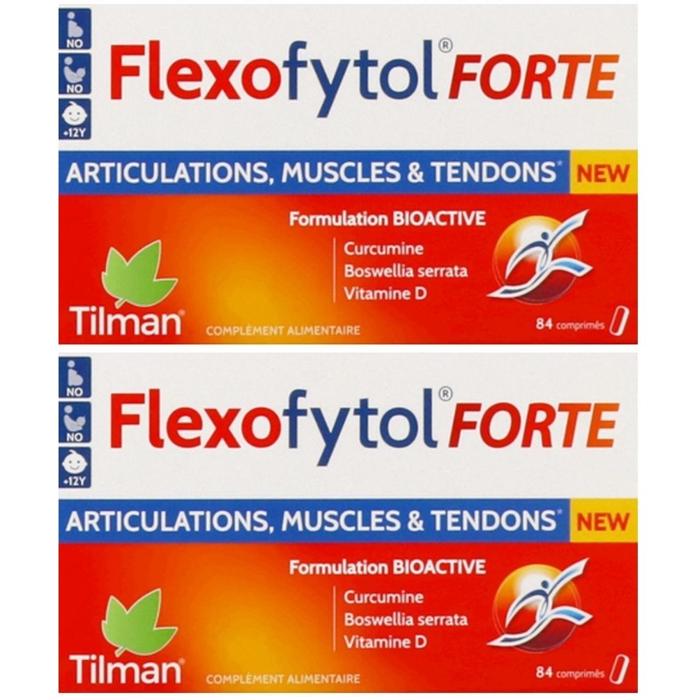 Deux boîtes de Flexofytol Forte. Inscription: ARTICULATIONS, MUSCLES & TENDONS. Contient curcumine, Boswellia serrata, vitamine D. 84 comprimés.