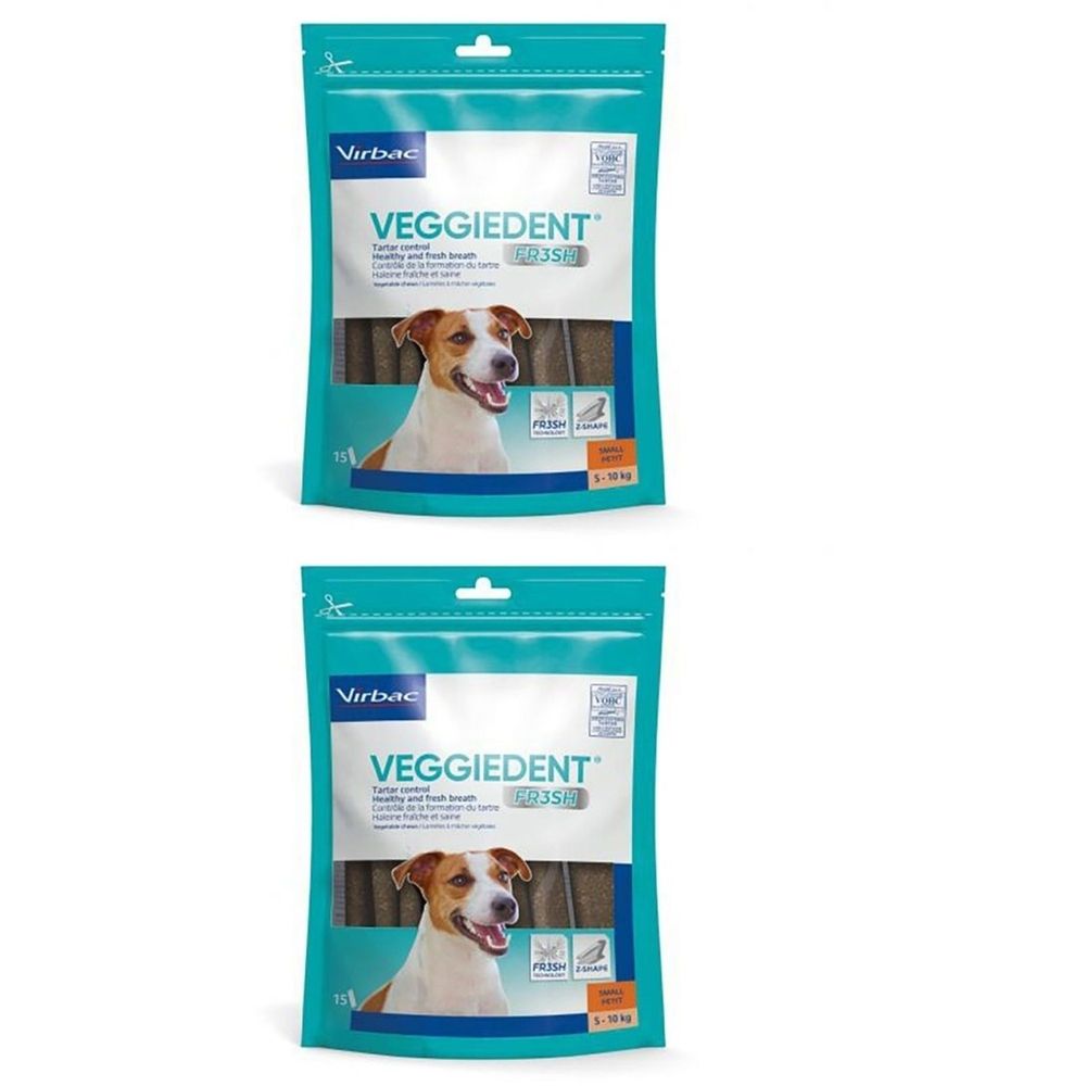 Deux paquets de Virbac VeggieDent FR3SH. Emballage turquoise et blanc avec image et logo. Pour chiens 5-10 kg.