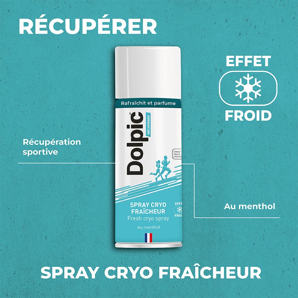 Fond bleu avec texte: Récupérer, Spray Cryo Fraîcheur. Image d'un flocon de neige et d'un spray. Texte: Effet Froid.