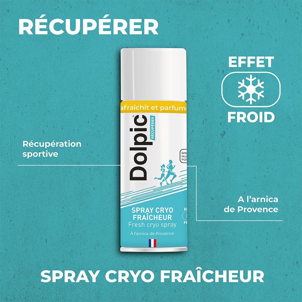 Fond bleu. Inscription: RÉCUPÉRER, SPRAY CRYO FRAÎCHEUR. Illustration: flocon de neige, coureurs. Texte: Effet Froid, A l'arnica de Provence.