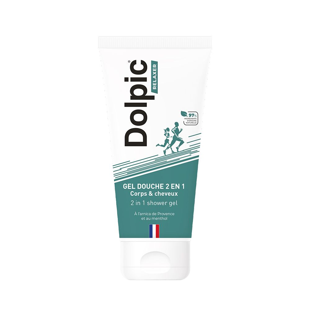 Tube blanc et vert avec texte: Gel Douche 2 en 1 Corps & cheveux. Logo: 97% ingrédients d'origine naturelle. Drapeau français.