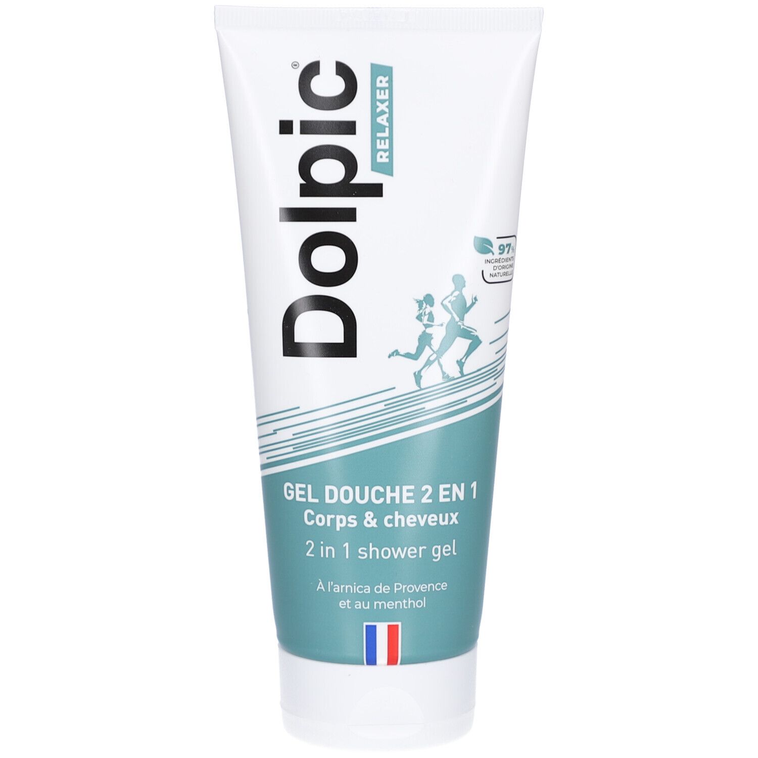 Tube blanc et turquoise. Inscription "Dolpic Relaxer". "Gel douche 2 en 1" et "2 in 1 shower gel". Drapeau français.