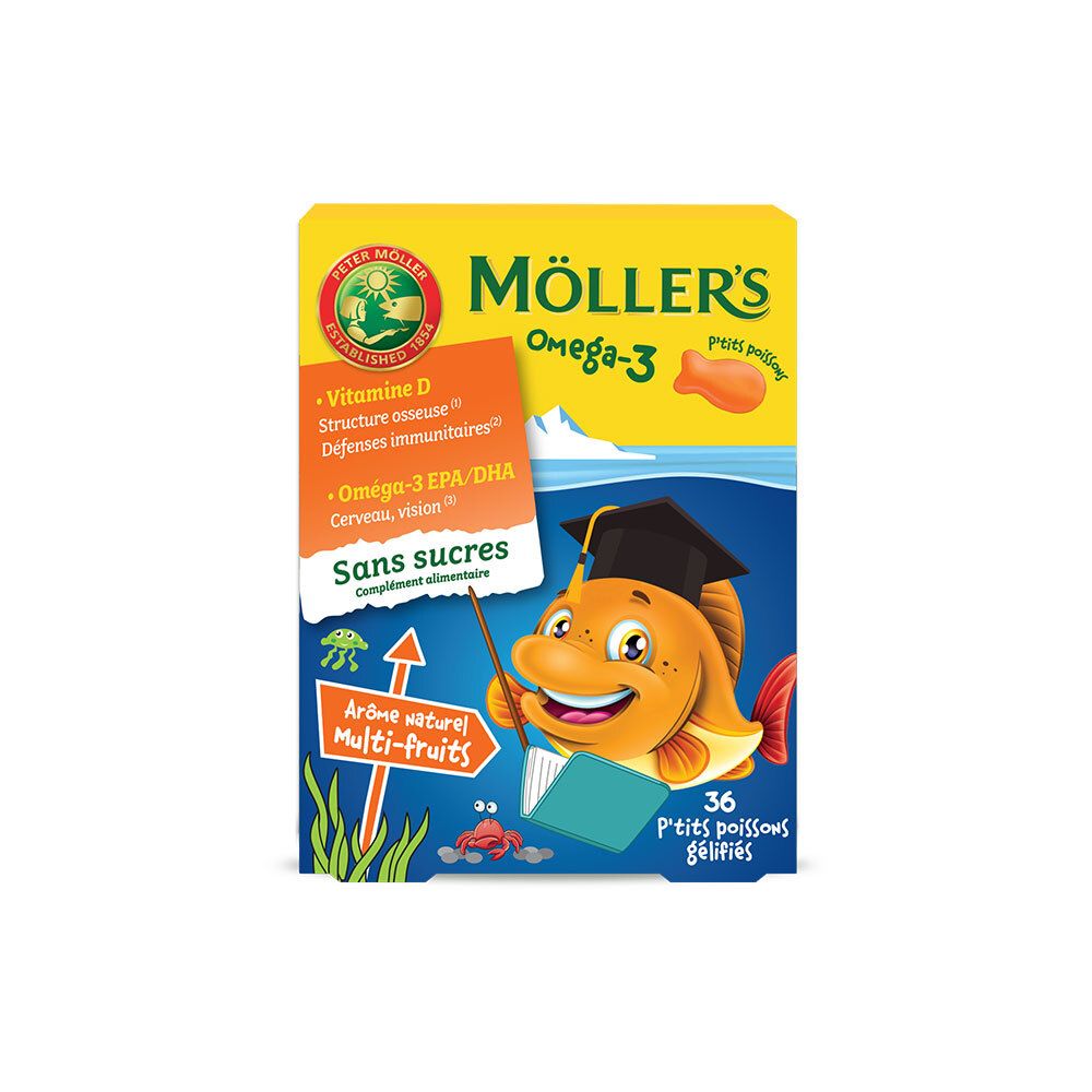 Boîte de Möllers Omega-3, 36 poissons gélifiés. Contient vitamine D et Oméga-3 EPA/DHA. Sans sucre, arôme naturel.