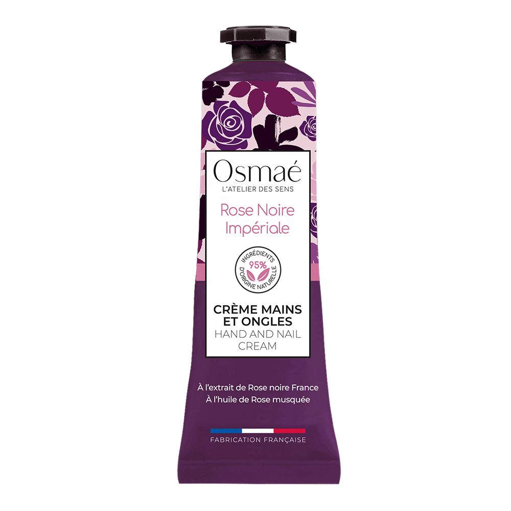 Tube violet OSMAE Crème Mains Rose Noire Impériale. Bouchon noir, motifs floraux, texte. Ingrédients naturels à 95%.