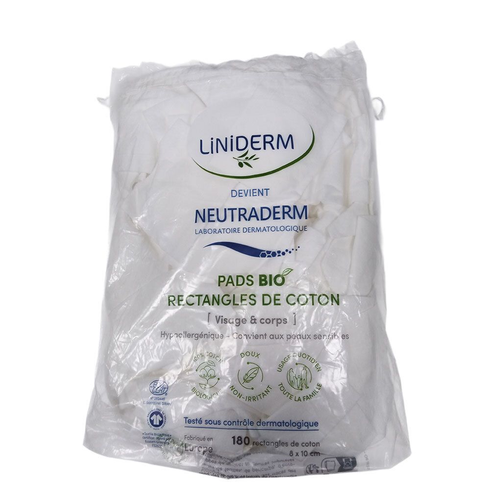 Sachet de pads en coton blanc. Inscriptions: LİNİDERM, NEUTRADERM, PADS BIO RECTANGLES DE COTON. 180 pièces, 8x10 cm.