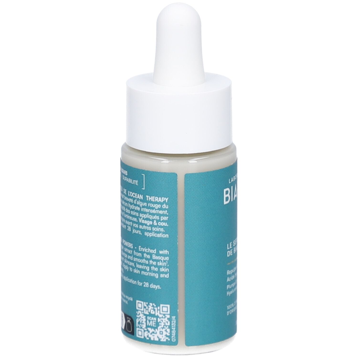 Flacon avec pipette. Étiquette turquoise, texte blanc. Texte en français et anglais. Marque: LABORATOIRES DE BIARRITZ.