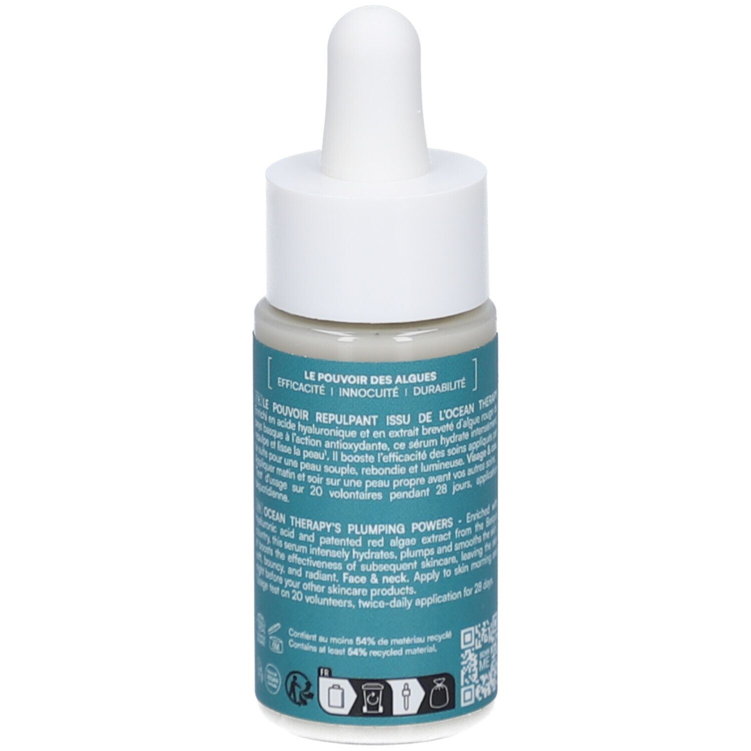 Flacon avec pipette. Étiquette turquoise, texte blanc. Texte en français et anglais. Marque: LABORATOIRES DE BIARRITZ.