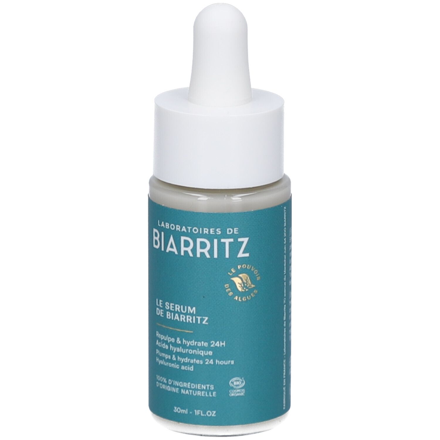 Flacon avec pipette. Étiquette turquoise, texte blanc. Marque: LABORATOIRES DE BIARRITZ. Produit: Le Sérum de Biarritz.