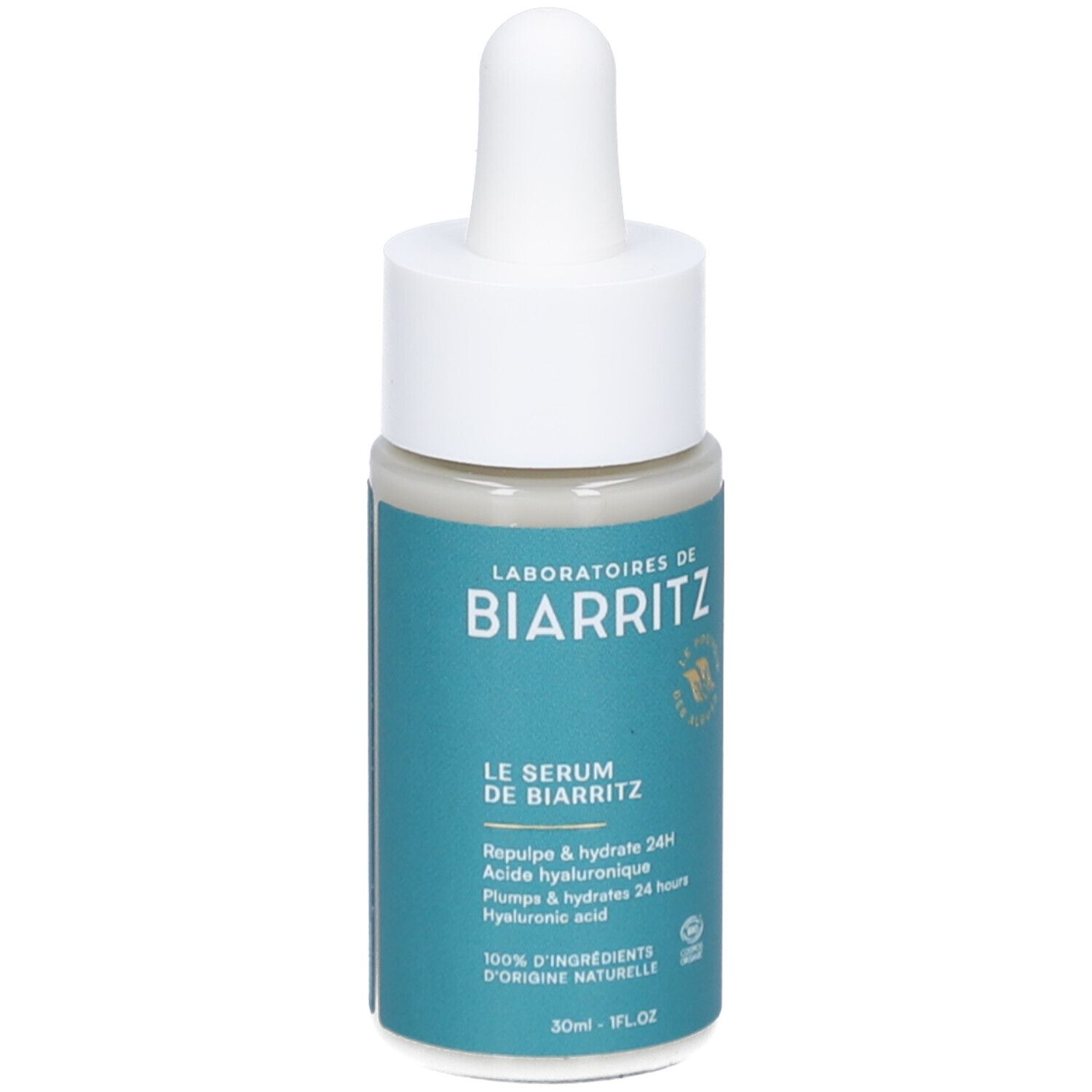 Flacon avec pipette. Étiquette turquoise, texte blanc. Marque: LABORATOIRES DE BIARRITZ. Produit: Le Sérum de Biarritz.