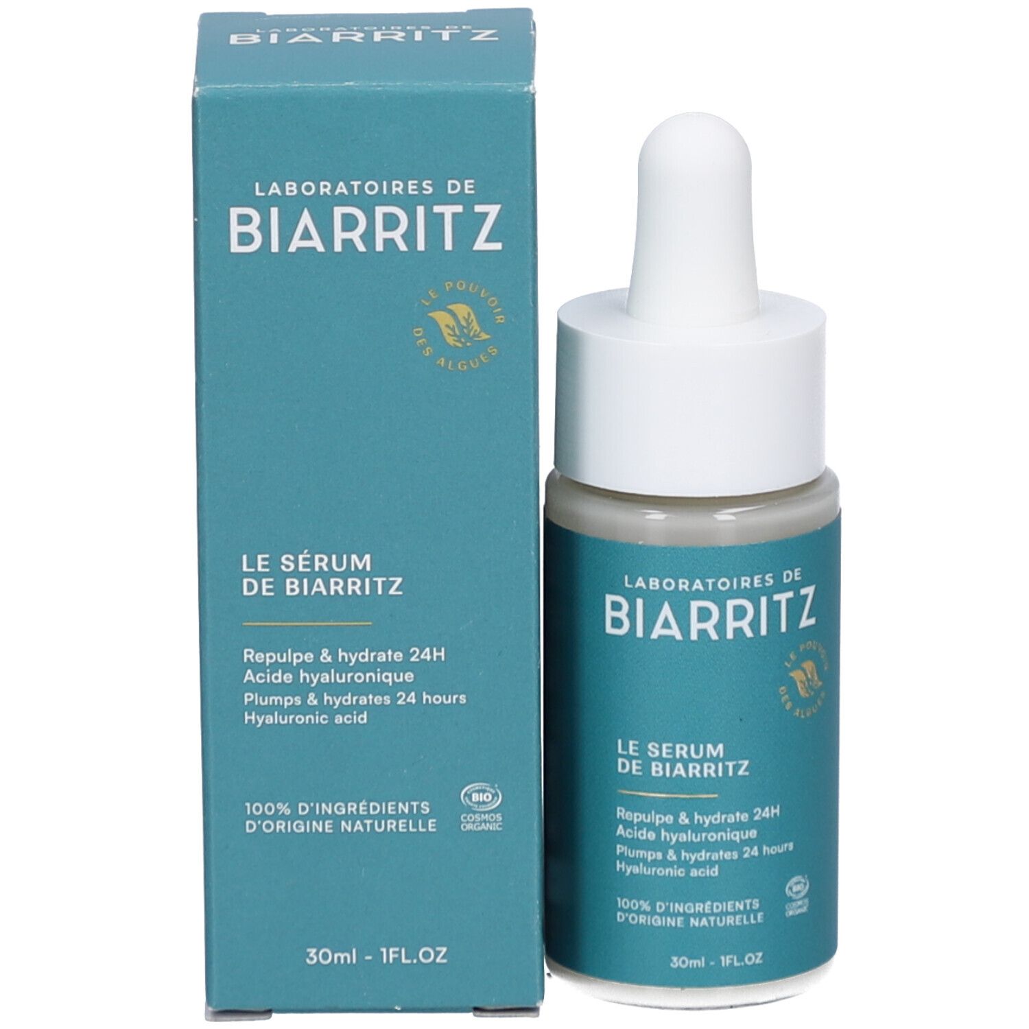 Flacon et boîte. Étiquette et boîte turquoise, texte blanc. Marque: LABORATOIRES DE BIARRITZ. Produit: Le Sérum.