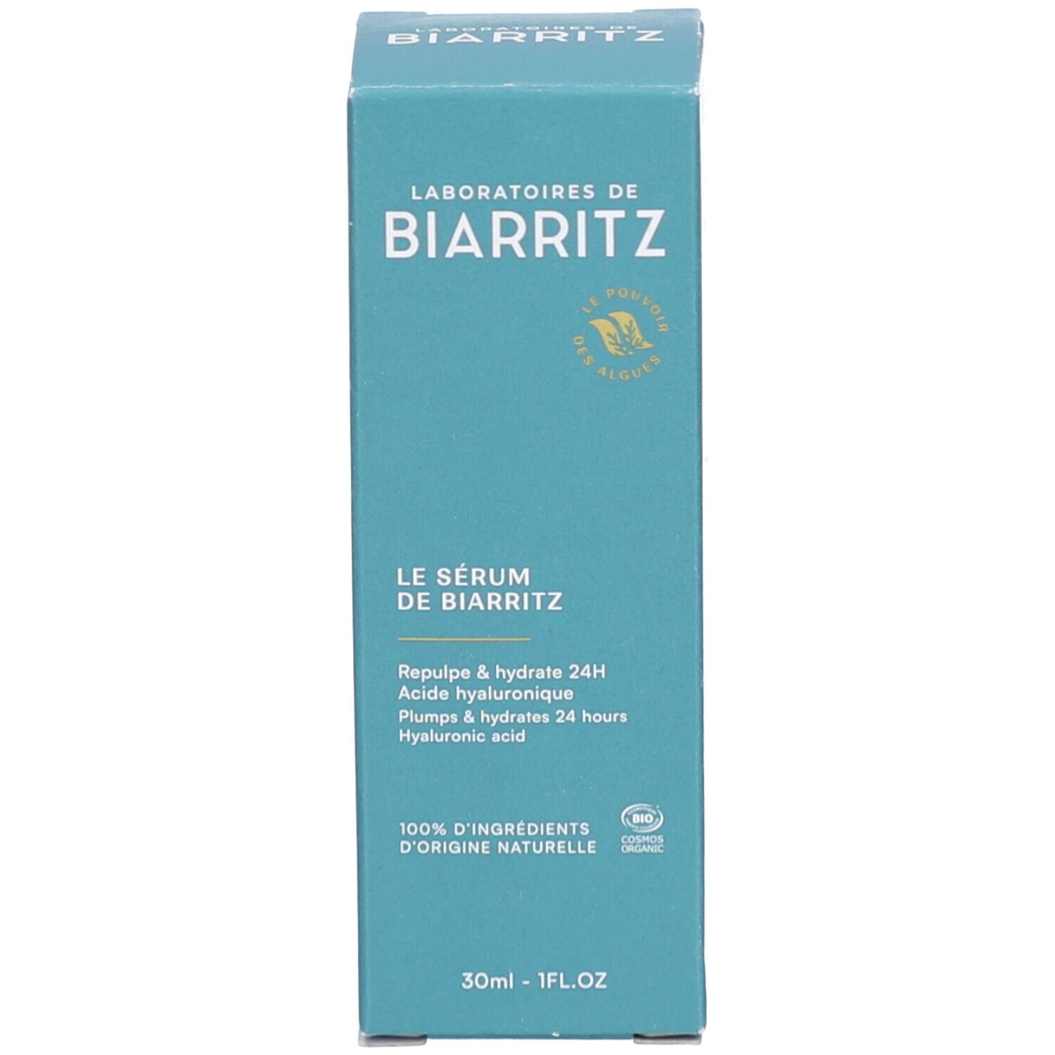 Boîte. Étiquette turquoise, texte blanc. Marque: LABORATOIRES DE BIARRITZ. Produit: Le Sérum de Biarritz.