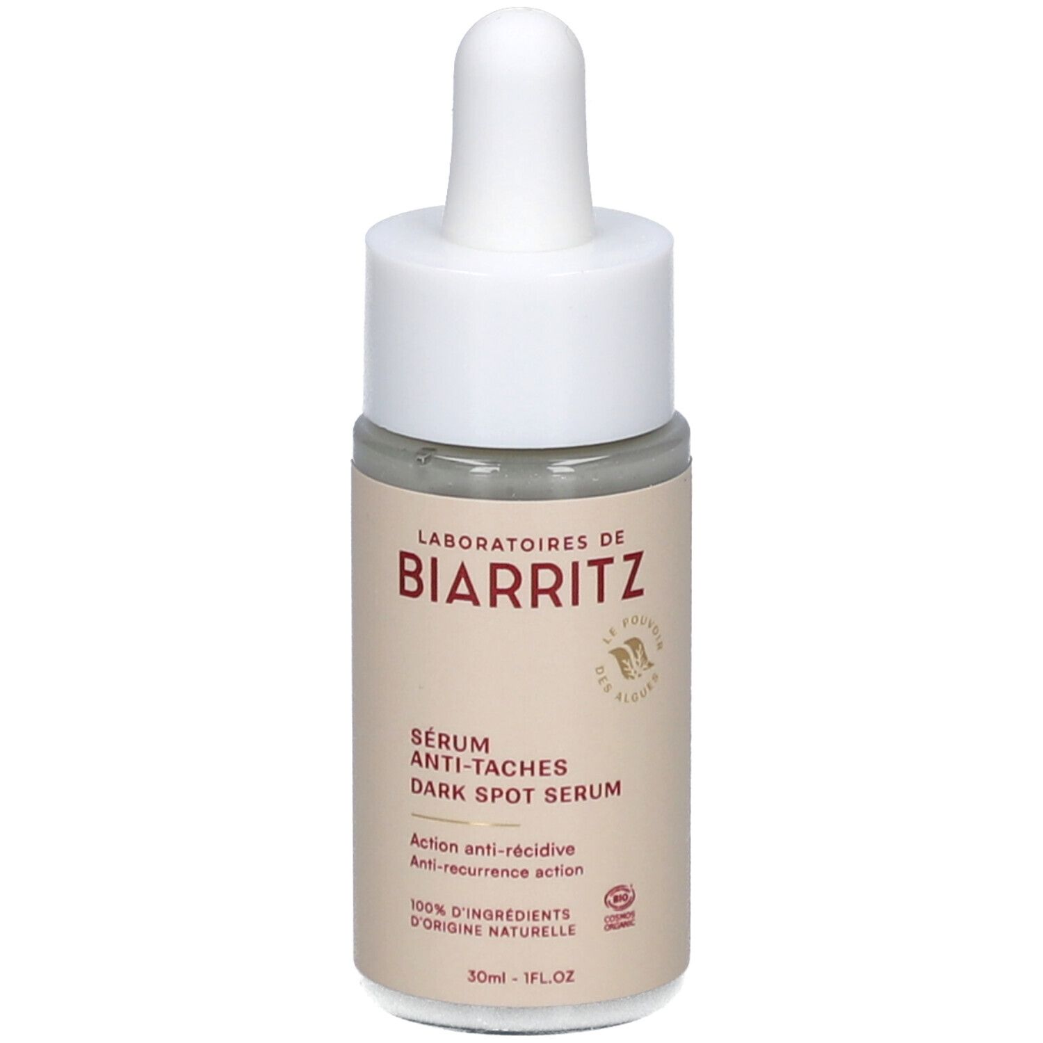 Flacon de sérum avec pipette. Inscription: Laboratoires de Biarritz, Sérum anti-taches, Dark Spot Serum. 30ml.