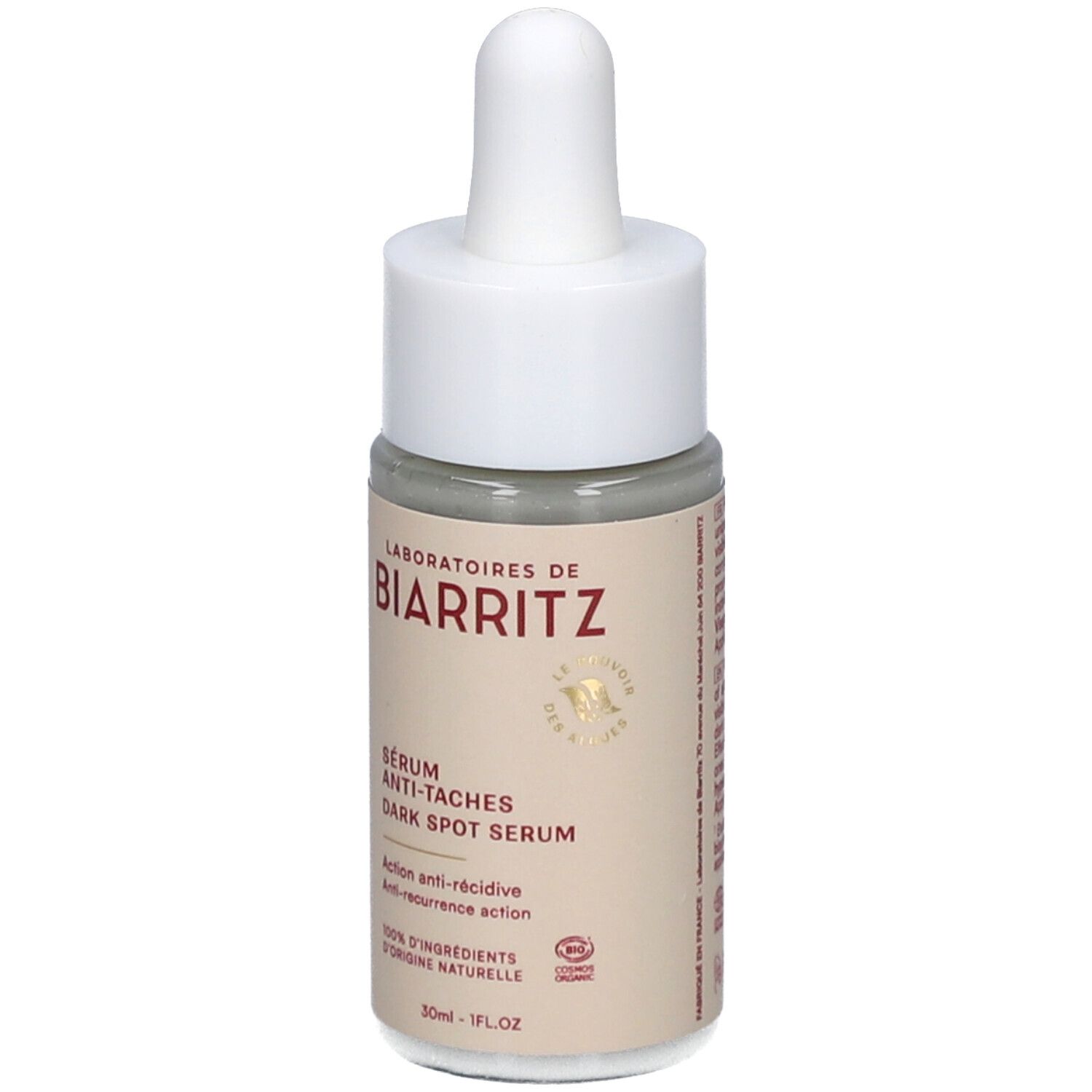 Flacon de sérum avec pipette. Inscription: Laboratoires de Biarritz, Sérum anti-taches, Dark Spot Serum. 30ml.