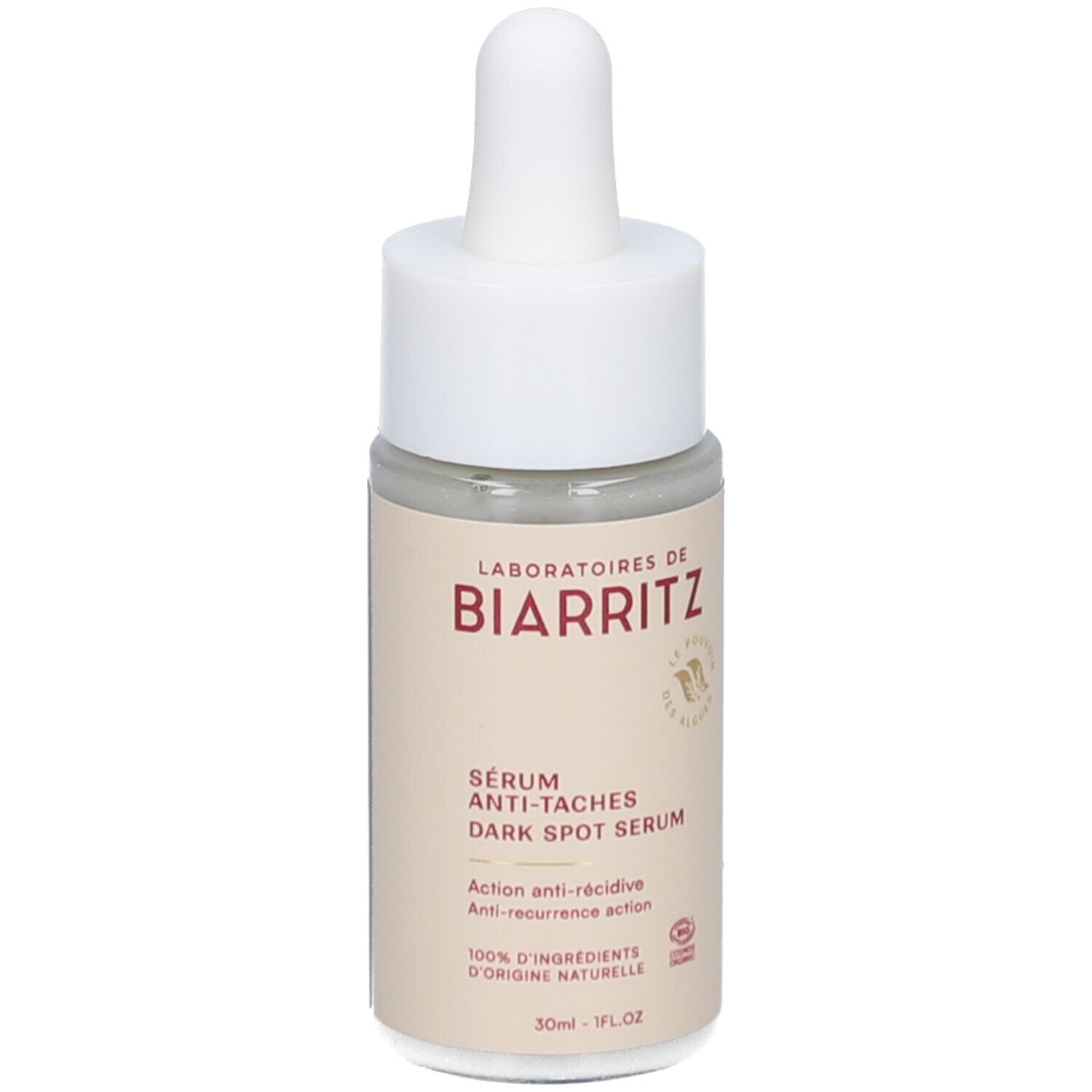 Flacon de sérum avec pipette. Inscription: Laboratoires de Biarritz, Sérum anti-taches, Dark Spot Serum. 30ml.