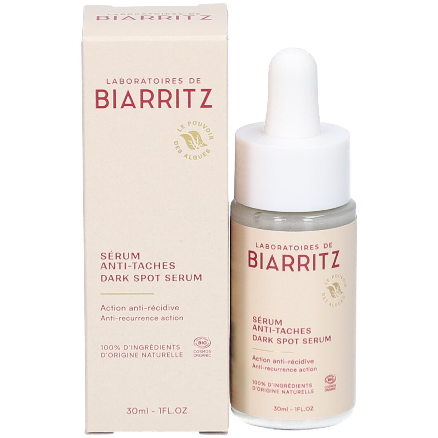 Flacon de sérum et emballage. Inscription: Laboratoires de Biarritz, Sérum anti-taches, Dark Spot Serum. 30ml.