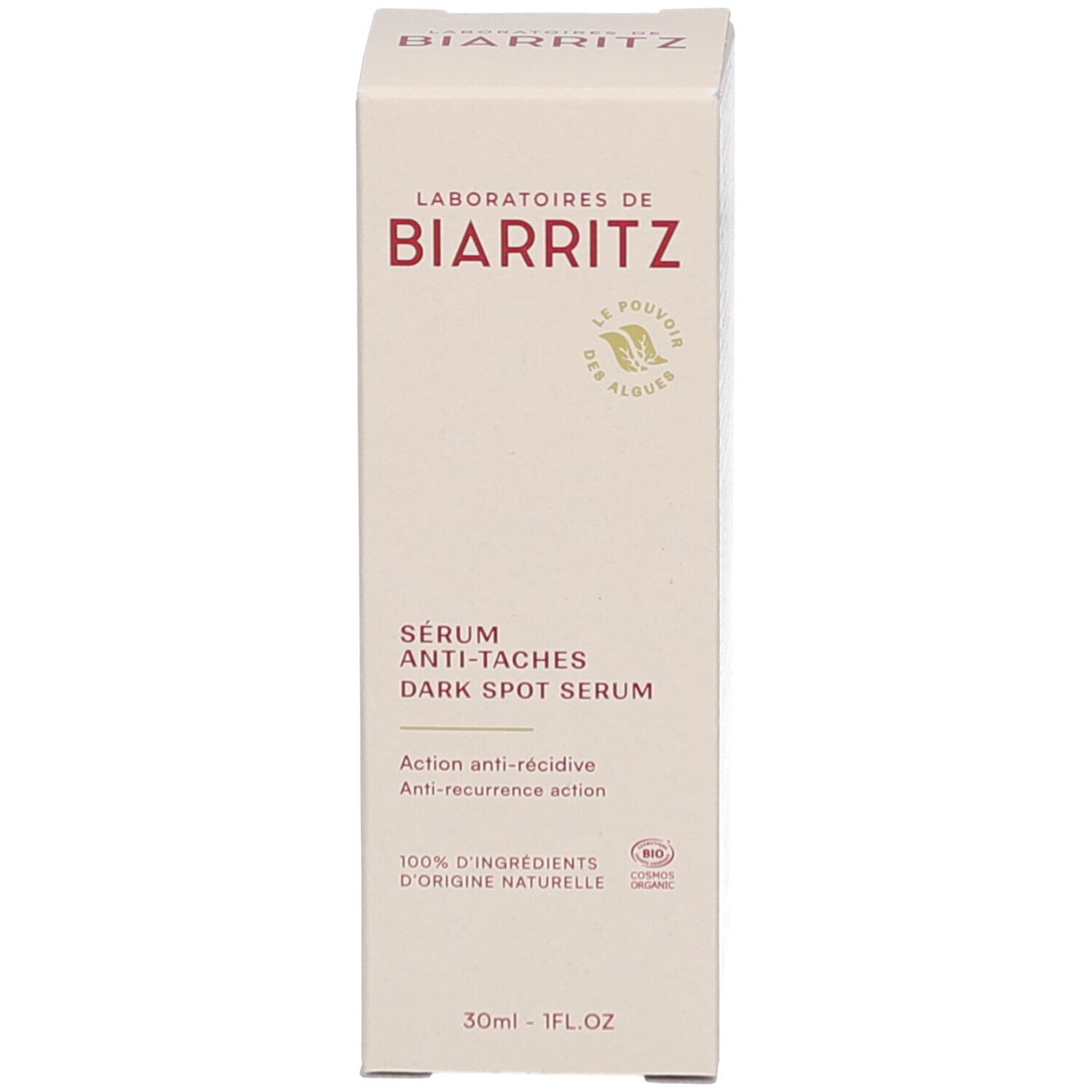 Emballage du sérum. Inscription: Laboratoires de Biarritz, Sérum anti-taches, Dark Spot Serum. 30ml.