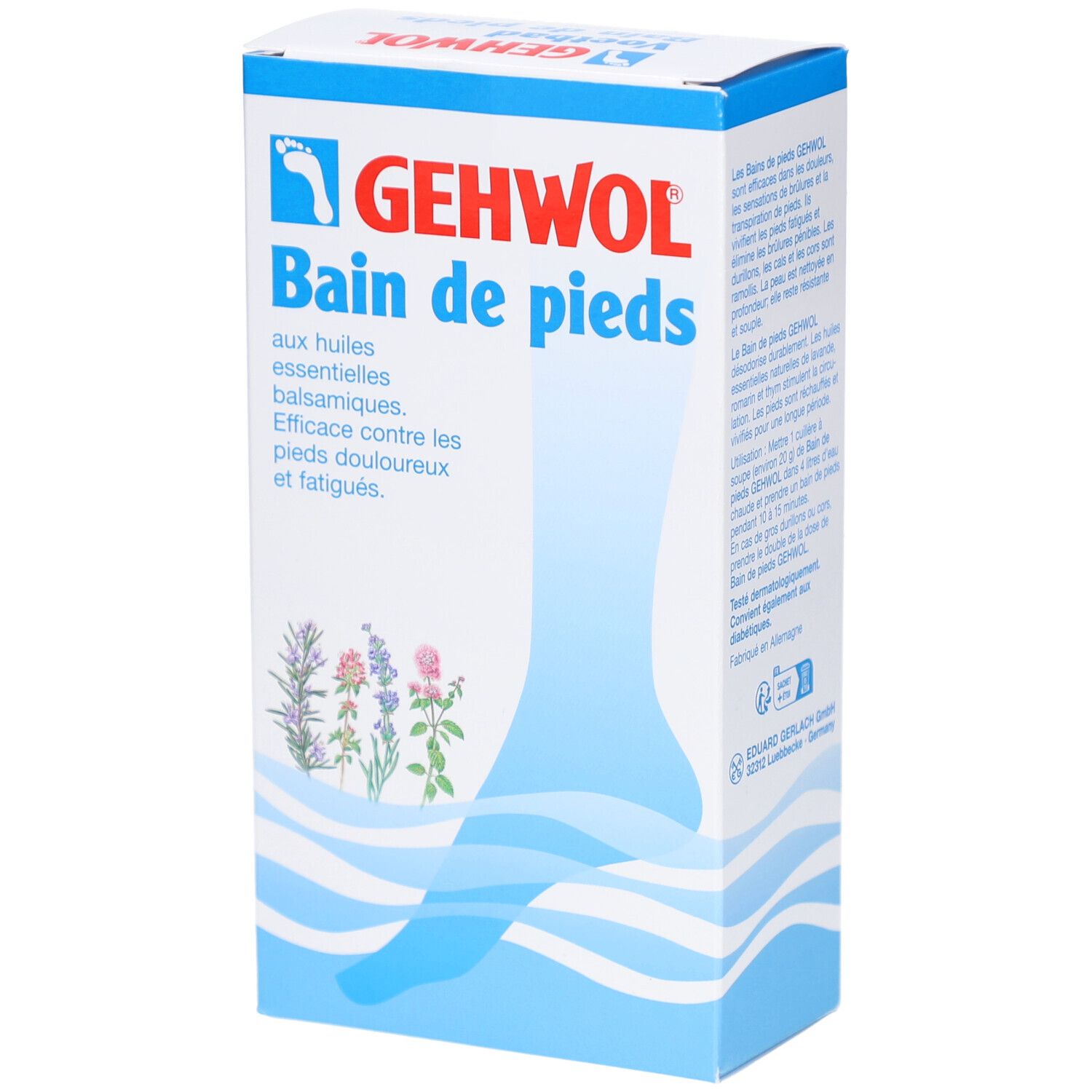 Boîte en carton GEHWOL Bain de pieds. Inscription en bleu et blanc. Illustration d'un pied. Contient des huiles essentielles.
