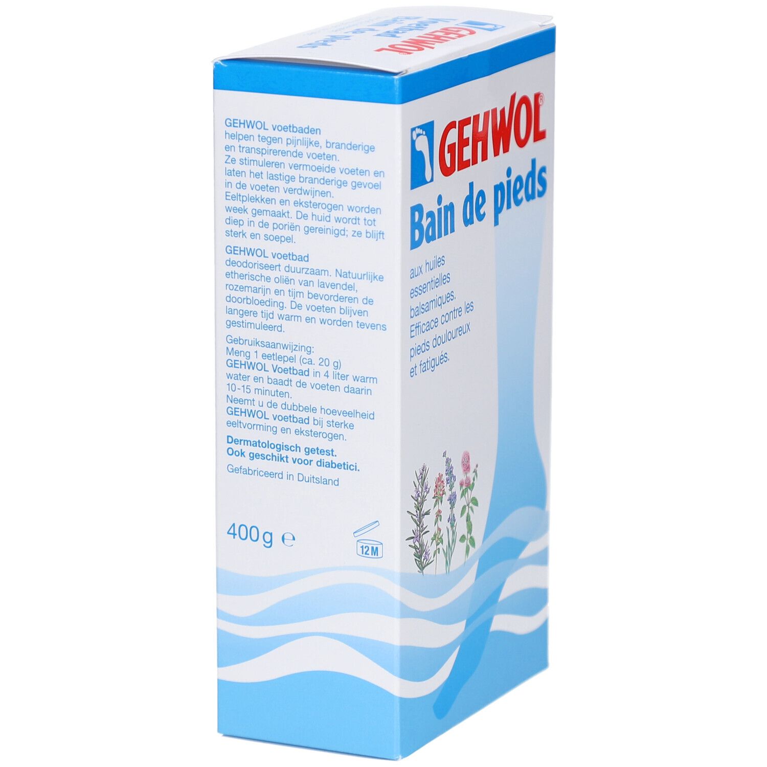 Boîte en carton GEHWOL Bain de pieds. Contient 400g. Texte en allemand et néerlandais. Informations sur le produit.