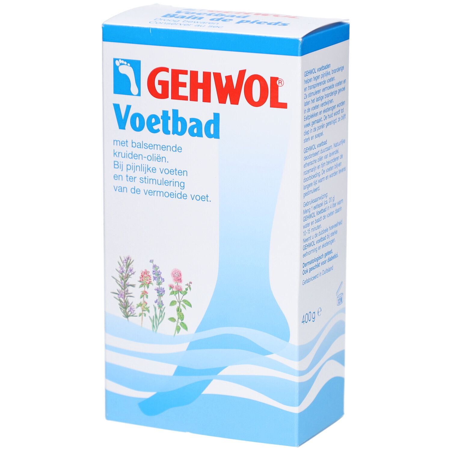 Boîte en carton GEHWOL Voetbad. Texte en néerlandais. Illustration d'un pied. Informations sur le produit.