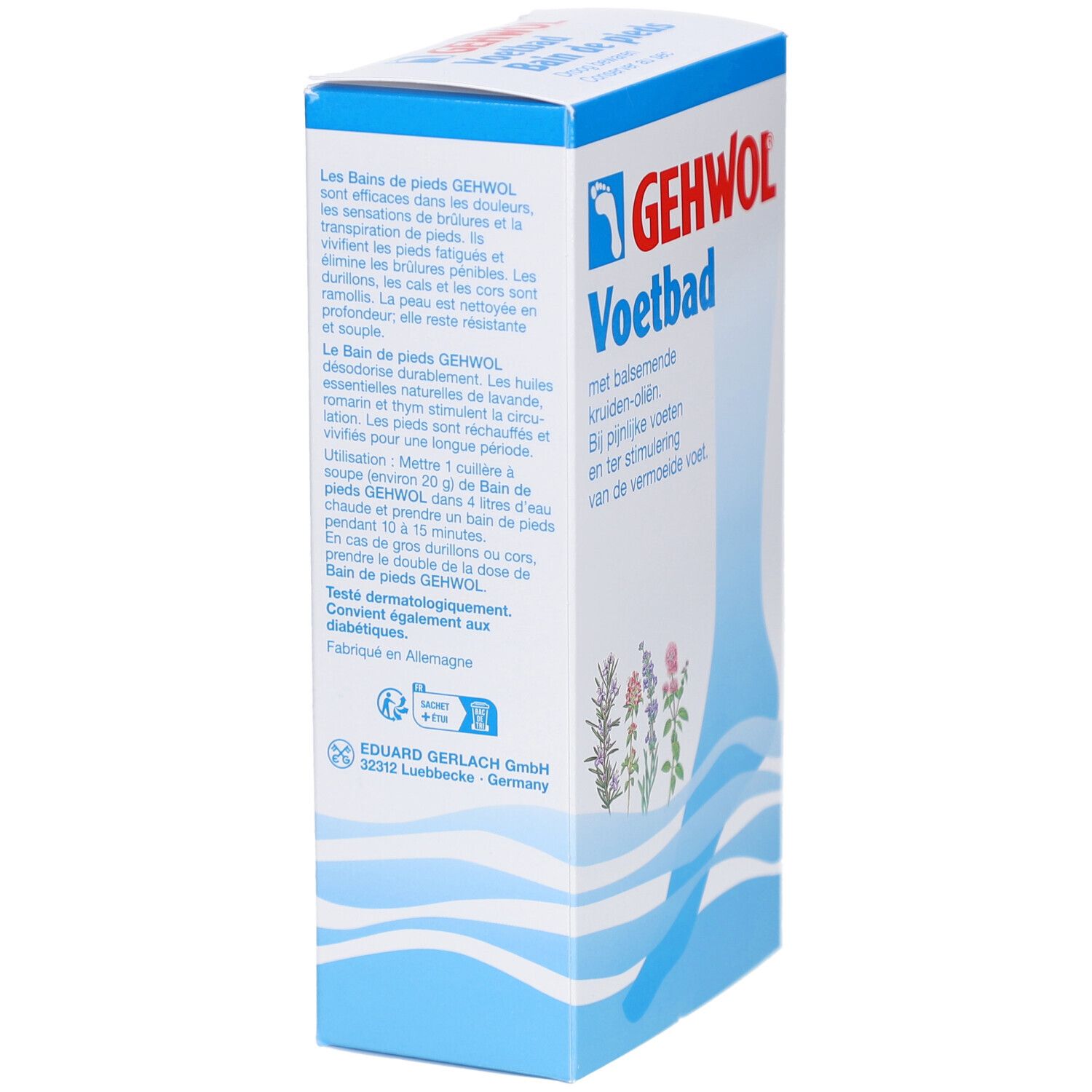 Boîte en carton GEHWOL Voetbad. Texte en néerlandais et français. Informations sur le produit et son utilisation.