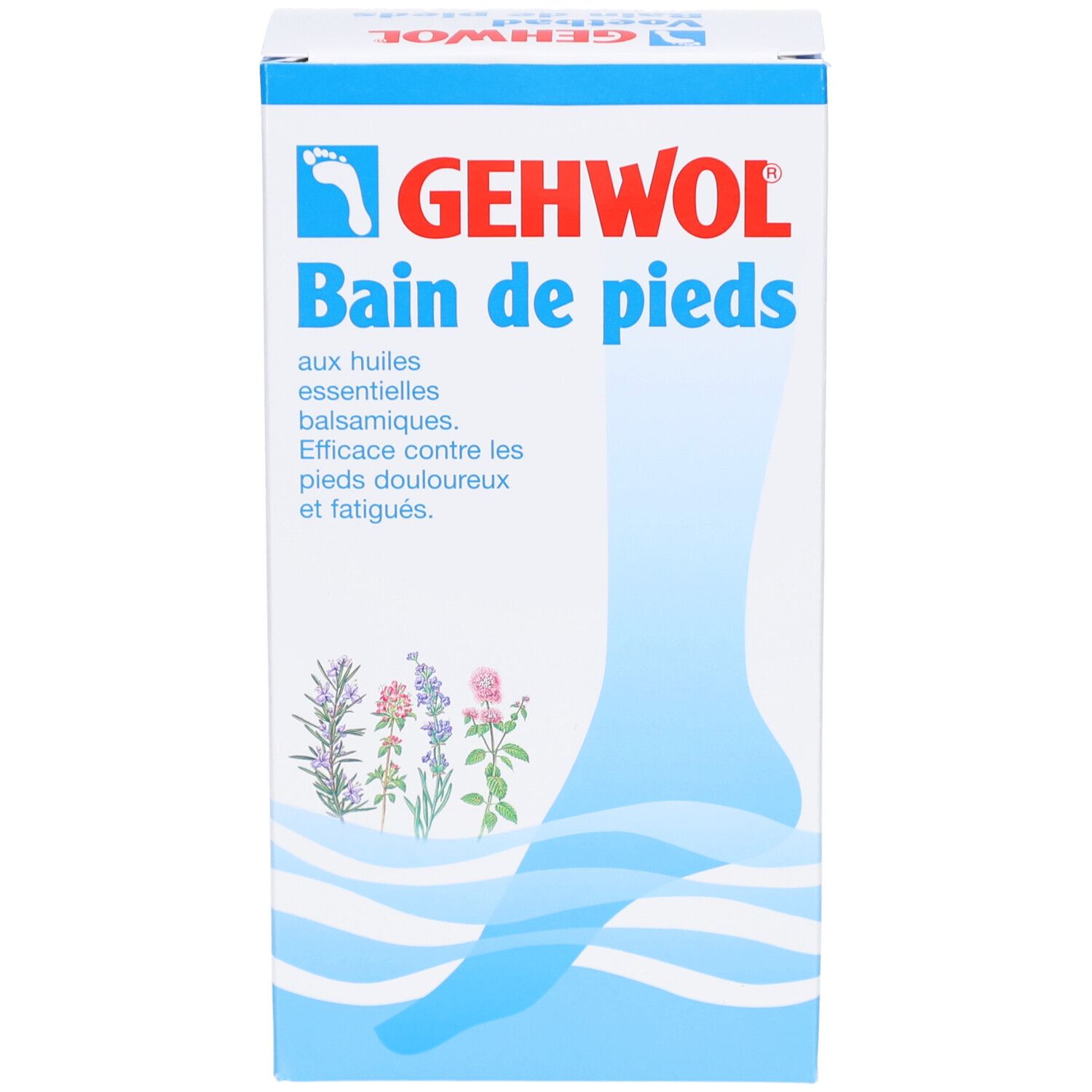 Boîte en carton GEHWOL Bain de pieds. Inscription en bleu et blanc. Illustration d'un pied. Contient des huiles essentielles.