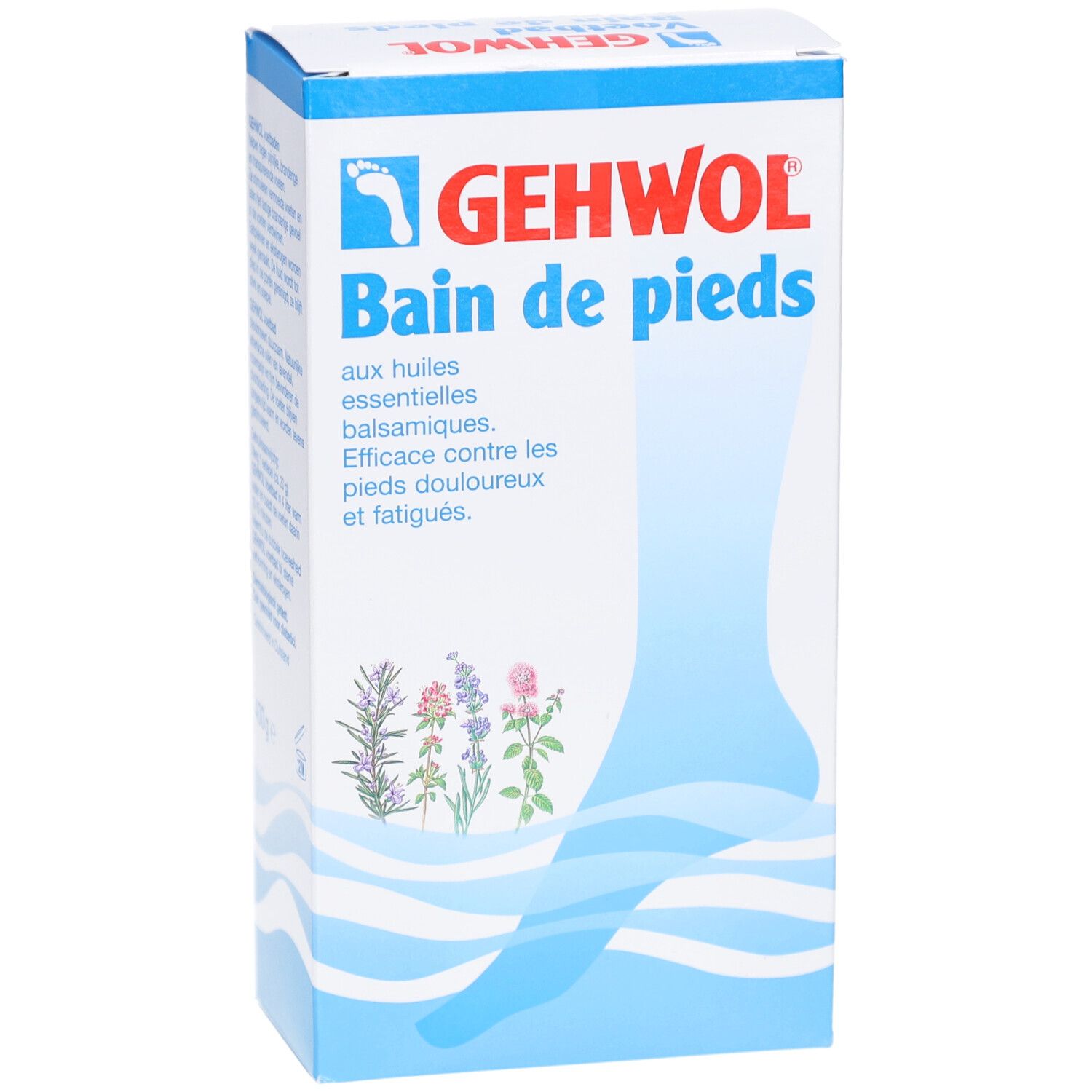 Boîte en carton GEHWOL Bain de pieds. Inscription en bleu et blanc. Illustration d'un pied. Contient des huiles essentielles.