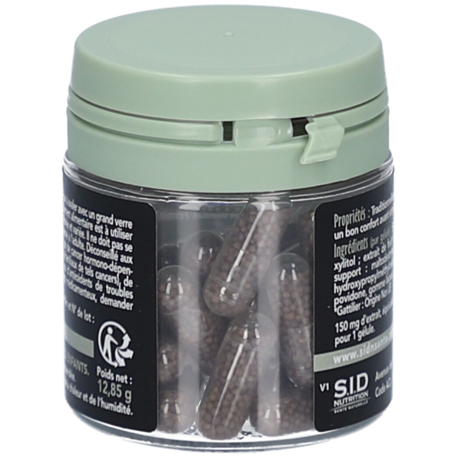 Flacon vert transparent rempli de gélules. Inscription: Poids net 12,85 g. SID Nutrition. Fabriqué en France.