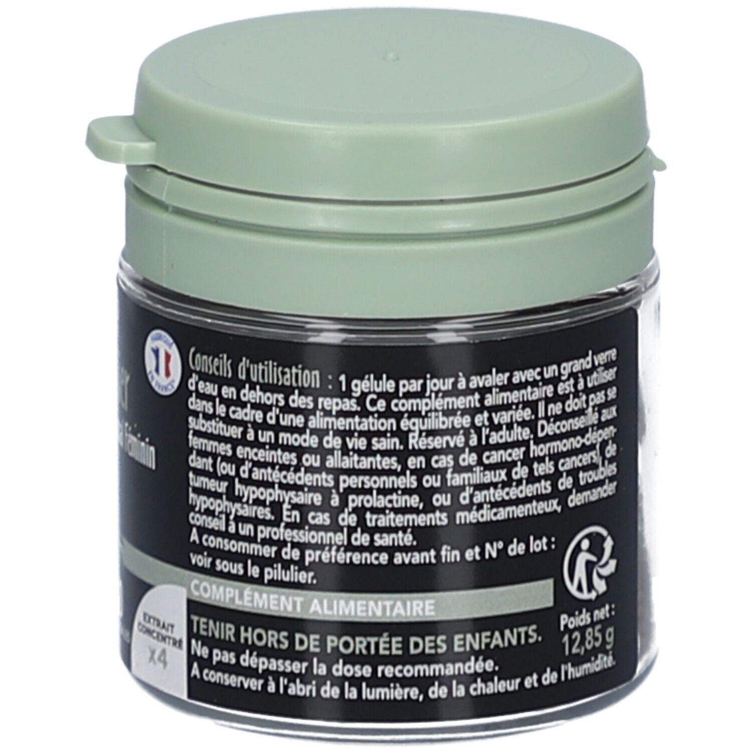 Flacon vert. Inscription: Conseils d'utilisation, complément alimentaire. Fabriqué en France. SID Nutrition.