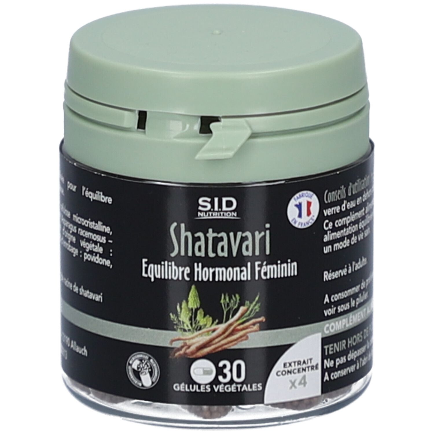Flacon de Shatavari, Équilibre Hormonal Féminin, 30 gélules. SID Nutrition. Label Fabriqué en France.