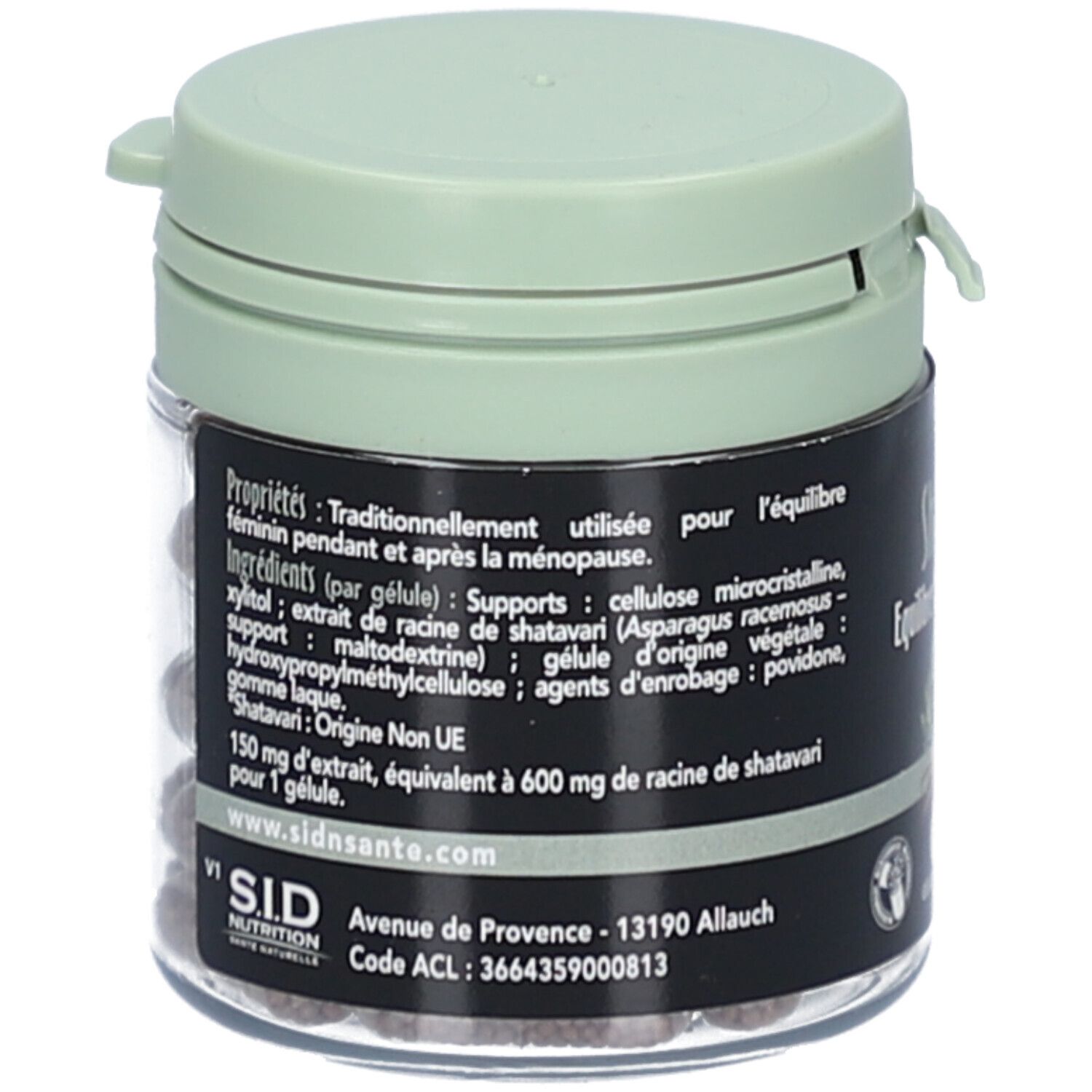 Dos du flacon de Shatavari. Ingrédients, adresse SID Nutrition. Équilibre Hormonal Féminin.