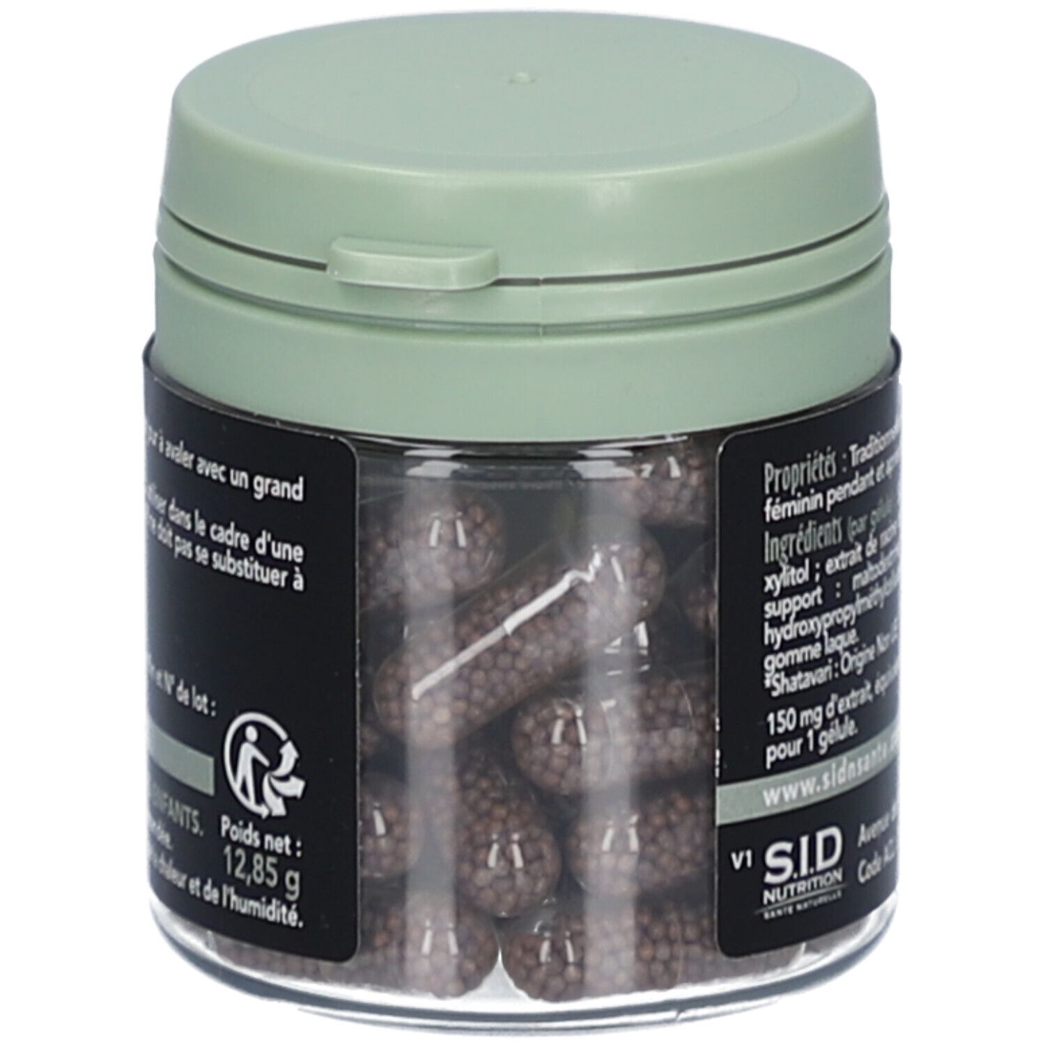 Flacon de Shatavari avec gélules visibles. Poids net 12,85 g. Équilibre Hormonal Féminin.