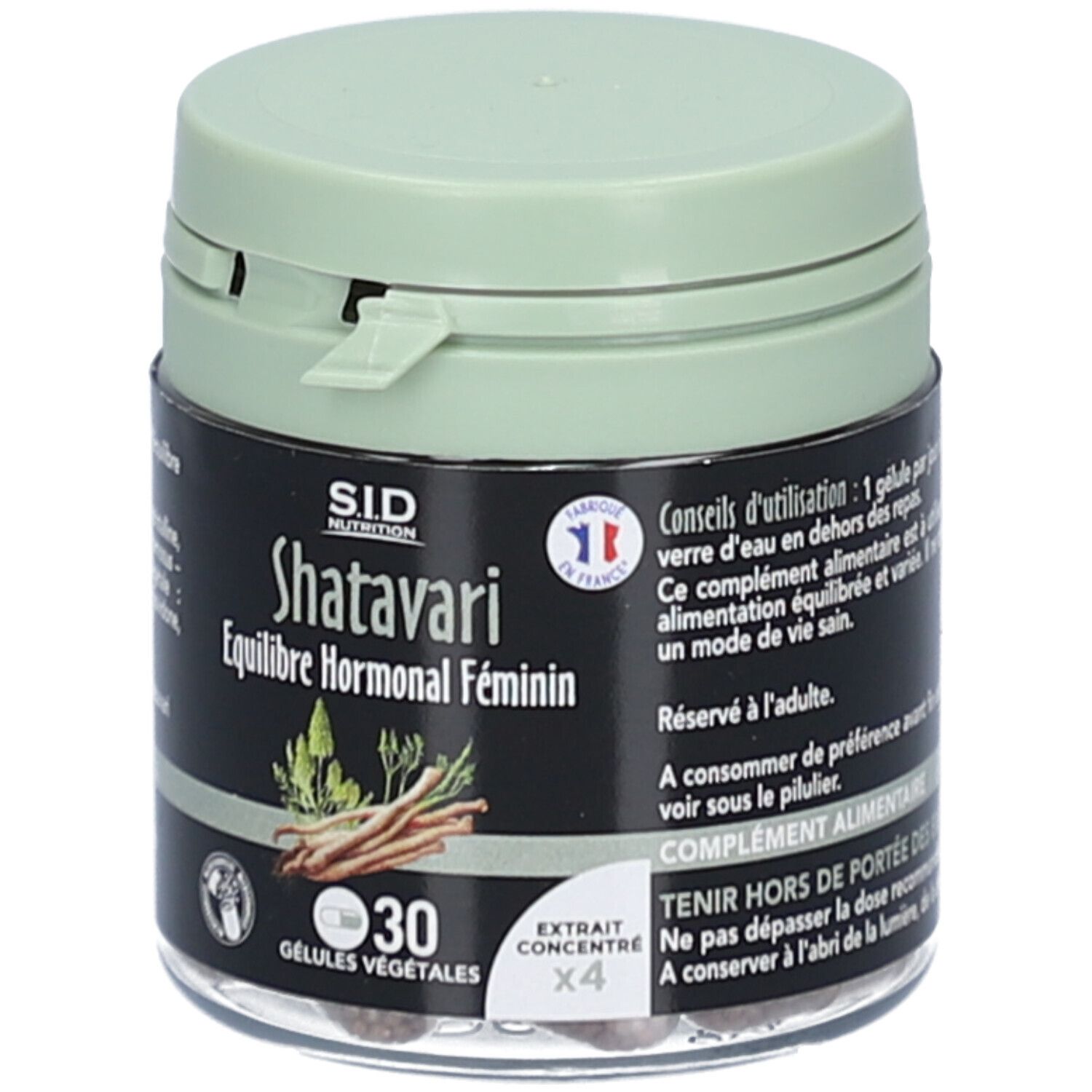 Flacon de Shatavari, Équilibre Hormonal Féminin, 30 gélules. SID Nutrition. Fabriqué en France.