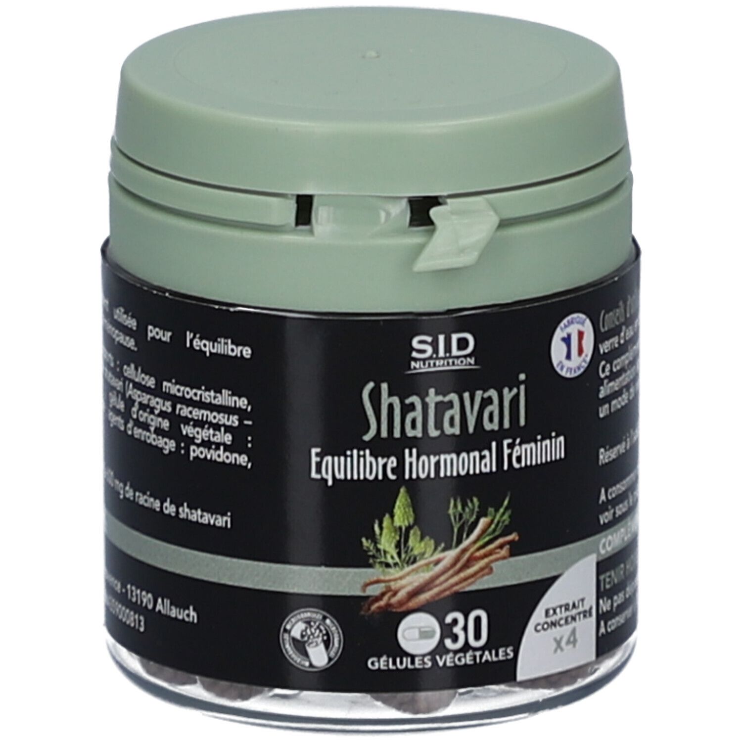 Flacon de Shatavari, Équilibre Hormonal Féminin, 30 gélules. SID Nutrition. Fabriqué en France.