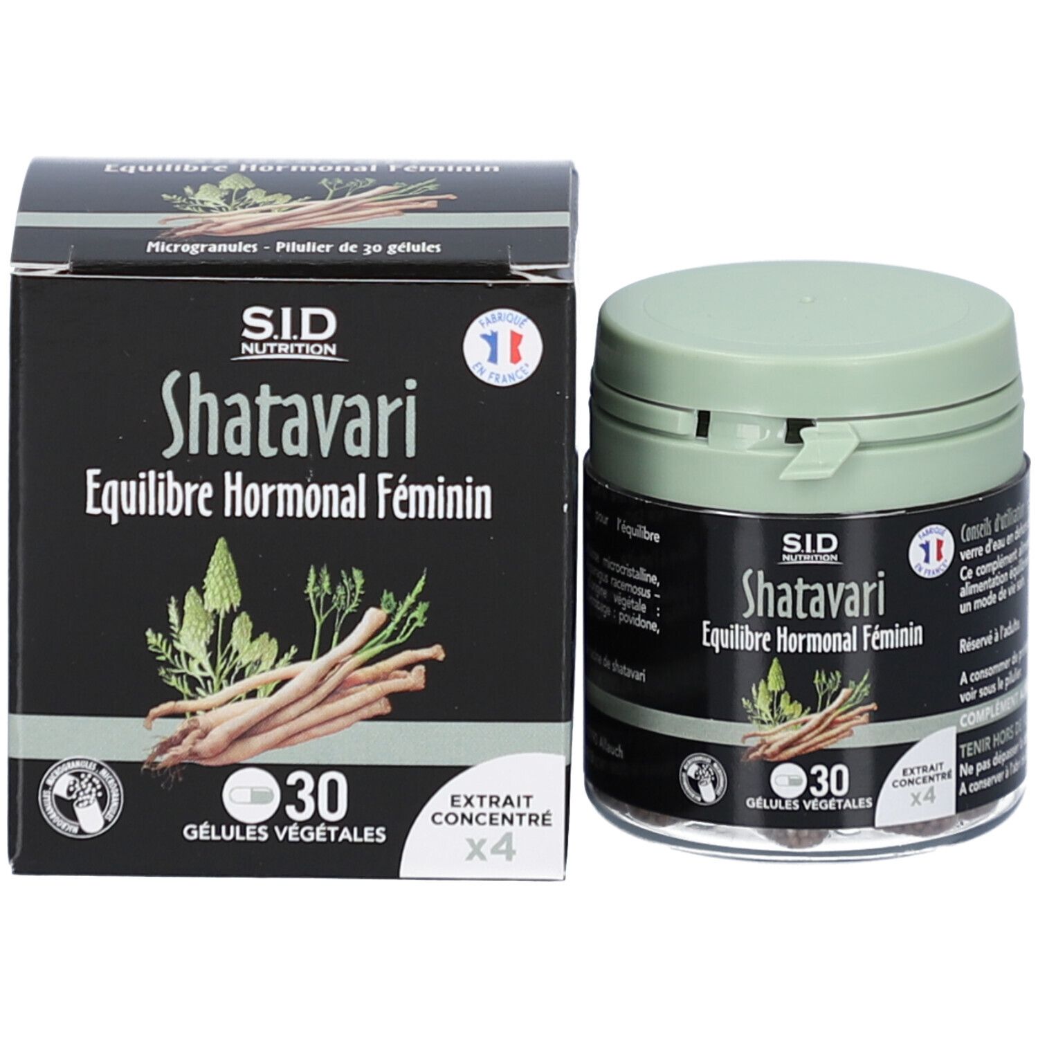 Flacon et boîte de Shatavari, Équilibre Hormonal Féminin, 30 gélules. SID Nutrition.