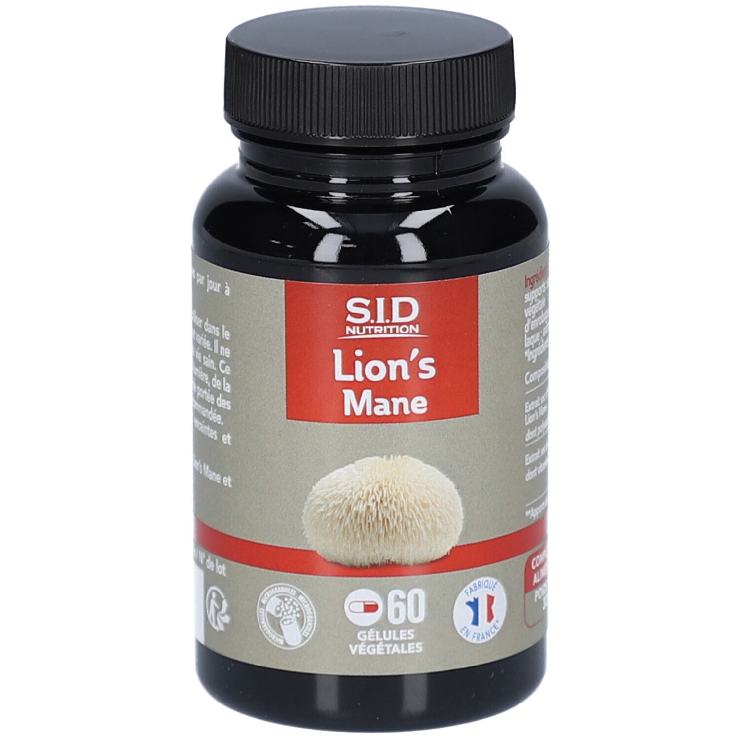 Flacon noir de gélules. Étiquette: S.I.D Nutrition Lion's Mane. 60 gélules. Drapeau français.