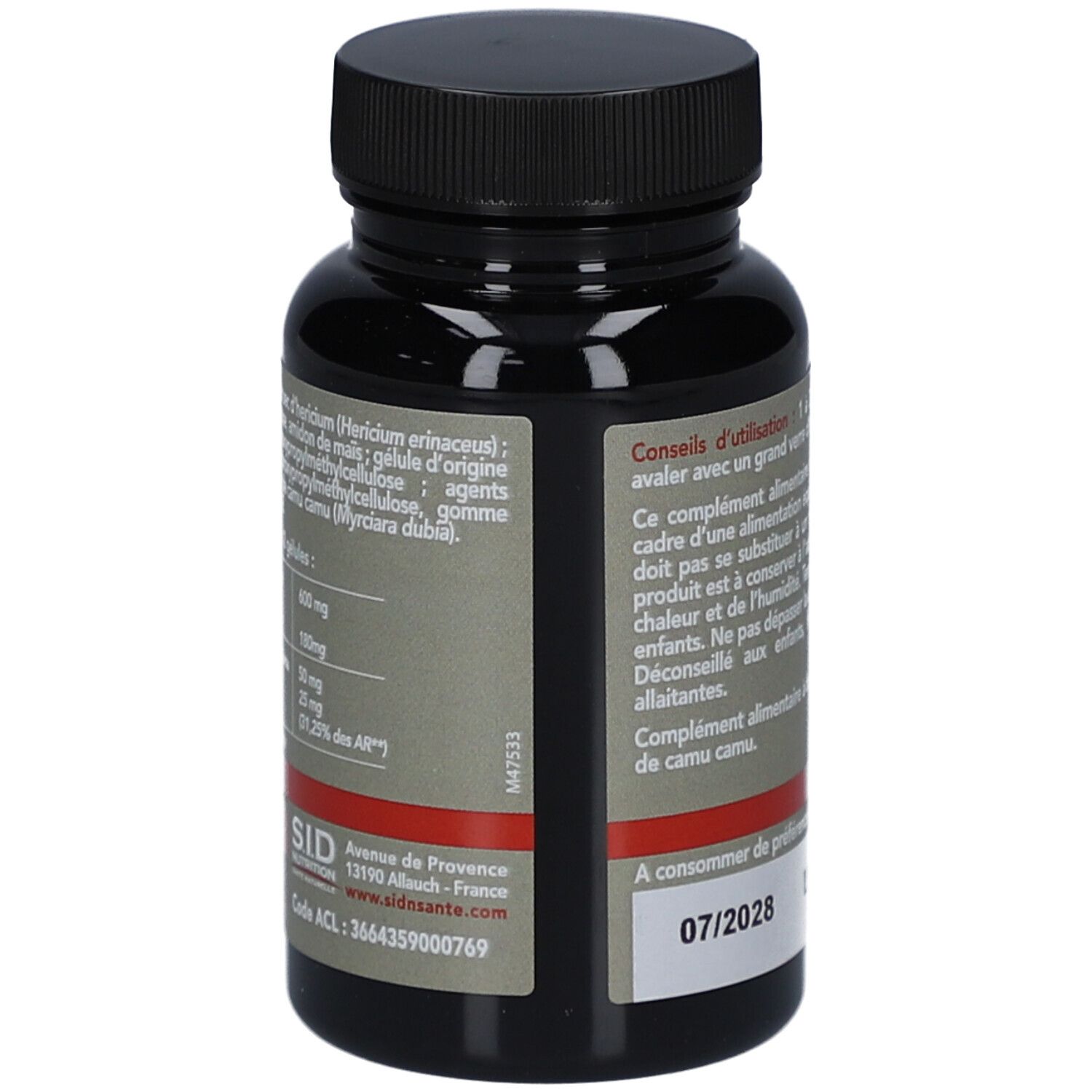 Dos du flacon noir. Texte: ingrédients, numéro de lot, date de péremption, adresse du fabricant.