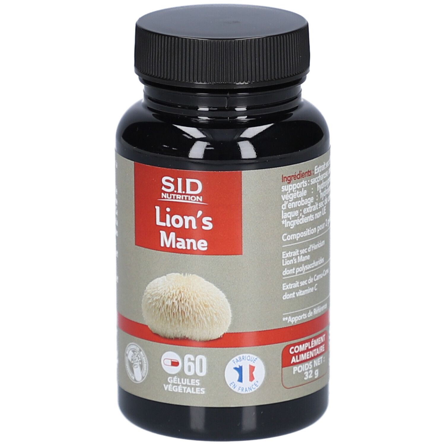 Flacon noir de gélules. Étiquette: S.I.D Nutrition Lion's Mane. 60 gélules. Drapeau français.