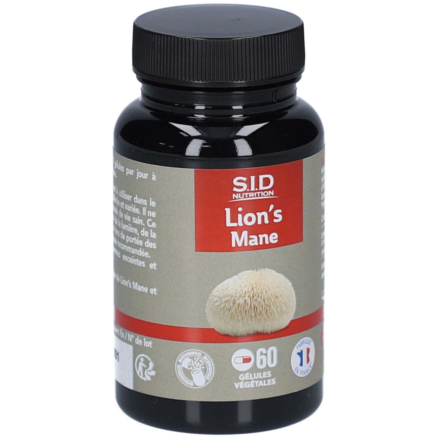 Flacon noir de gélules. Étiquette: S.I.D Nutrition Lion's Mane. 60 gélules. Drapeau français.