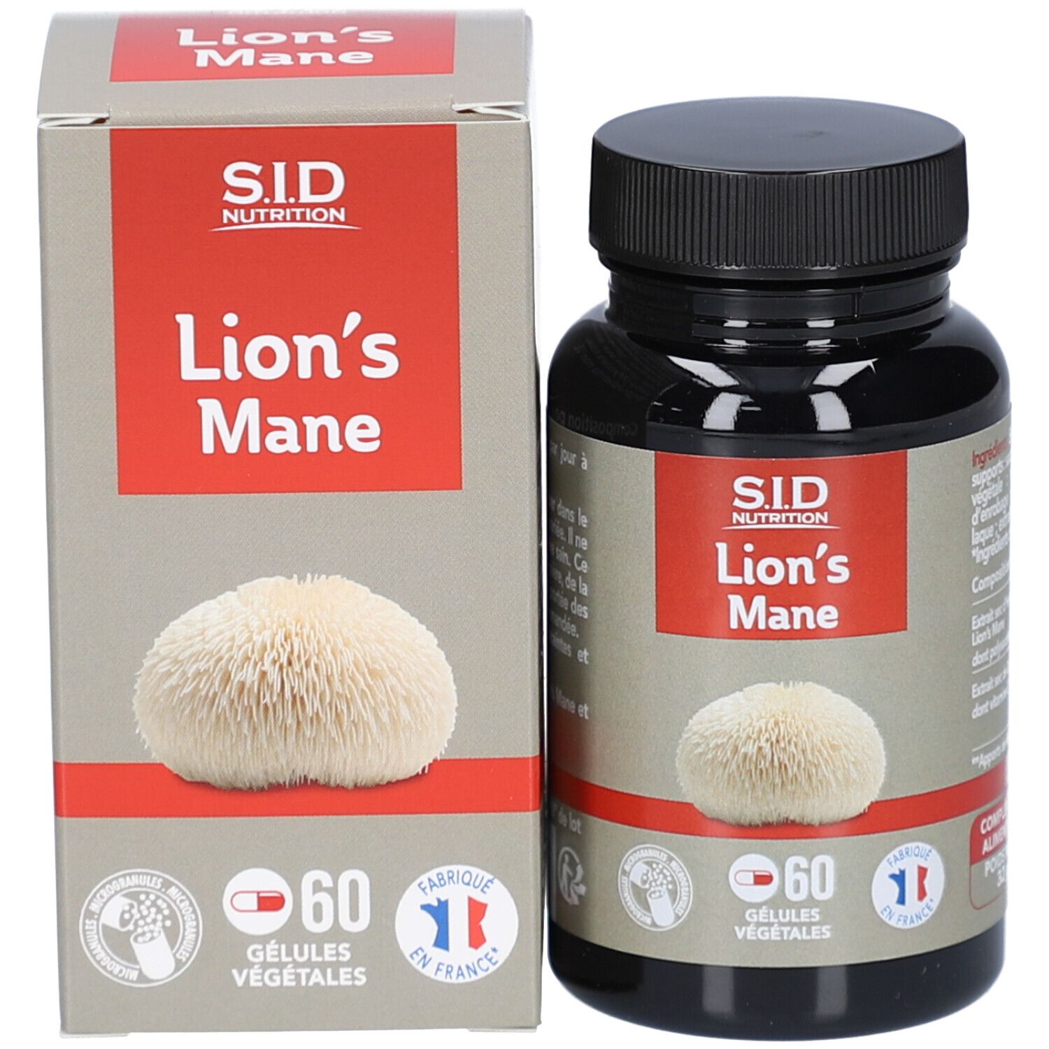 Emballage du produit: flacon et boîte. Sur le flacon et la boîte: S.I.D Nutrition Lion's Mane. 60 gélules.