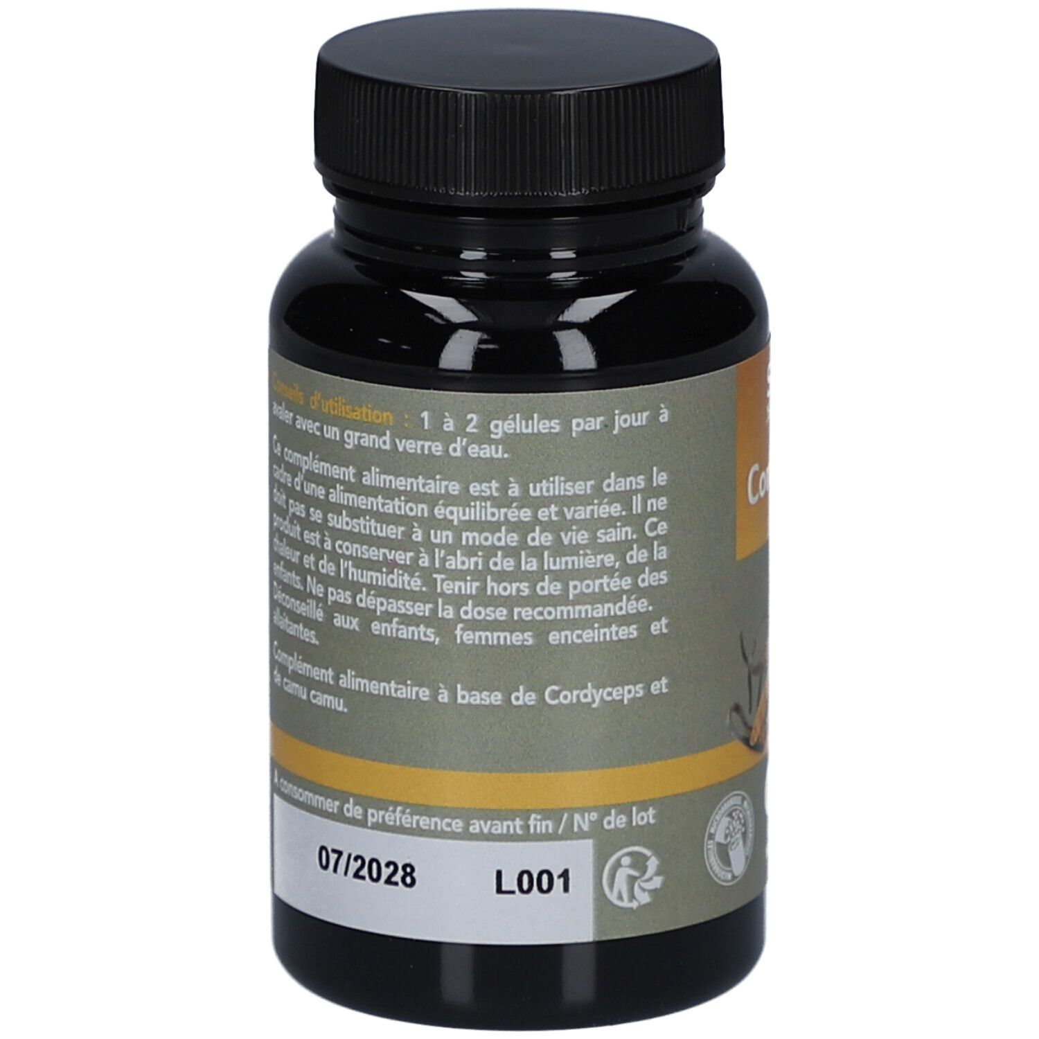 Dos du flacon marron. Étiquette avec texte, ingrédients et date de péremption 07/2028.