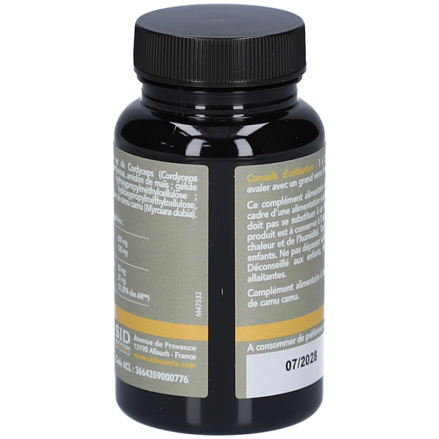 Dos du flacon marron. Étiquette avec ingrédients, mode d'emploi et date de péremption 07/2028.