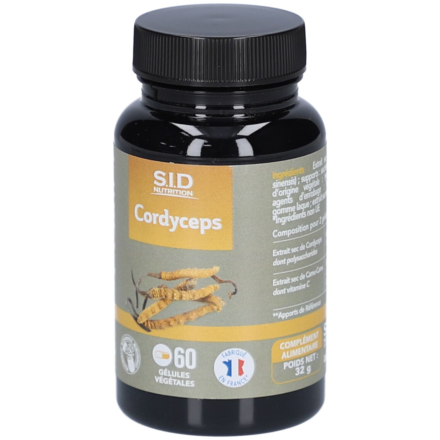 Flacon marron, bouchon noir. Étiquette Cordyceps, logo et 60 gélules. Fabriqué en France.
