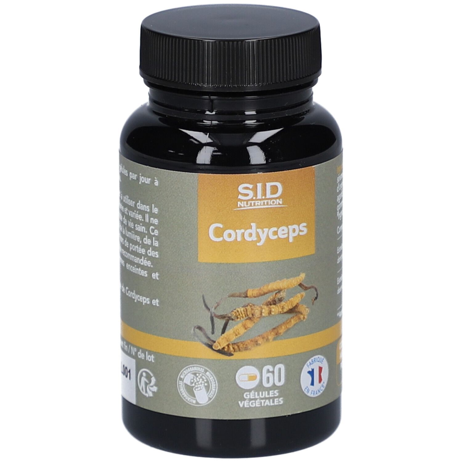 Flacon marron, bouchon noir. Étiquette Cordyceps, logo et 60 gélules. Fabriqué en France.