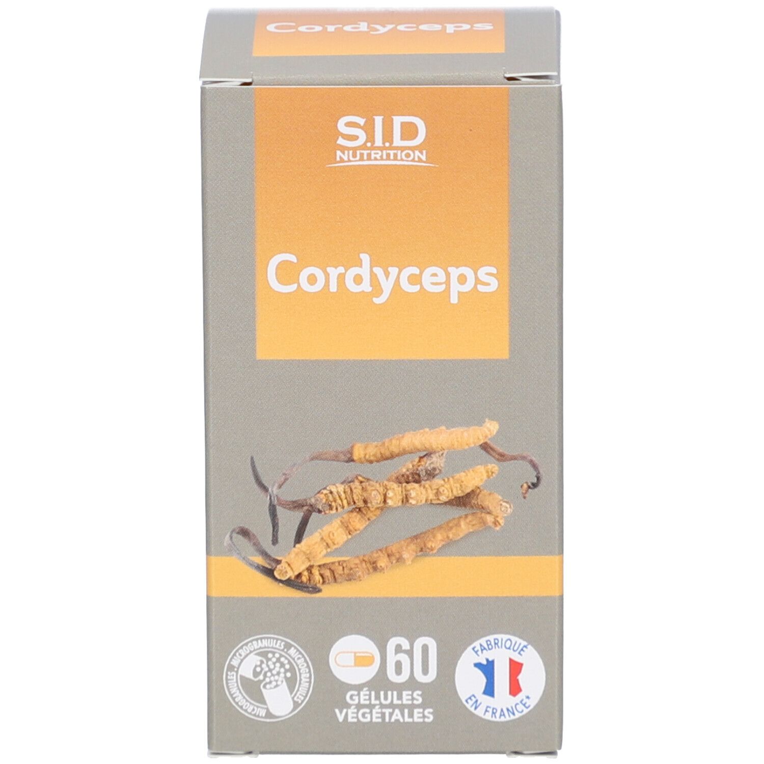 Boîte avec Cordyceps, logo et 60 gélules. Fabriqué en France.