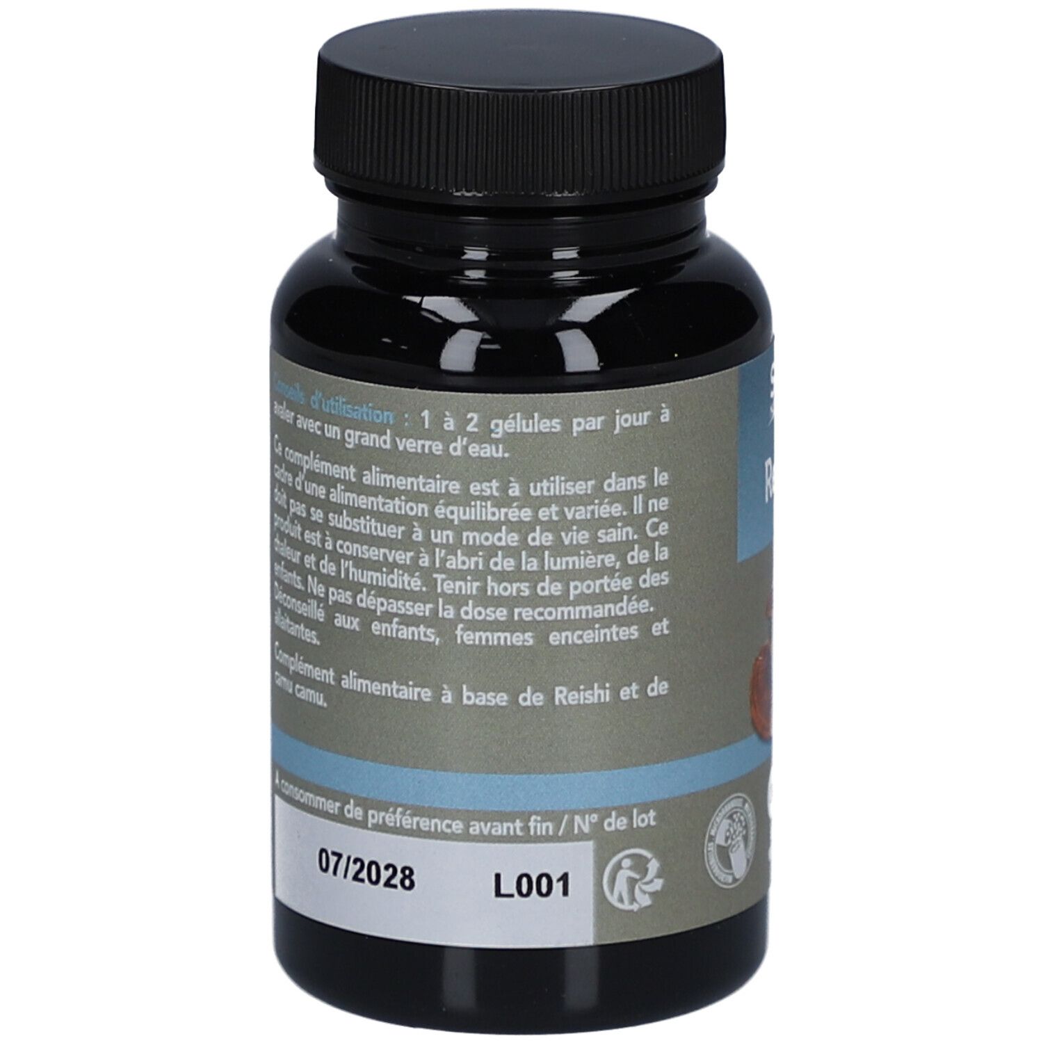 Dos du flacon brun. Texte avec informations sur les ingrédients et l'utilisation. Date de péremption: 07/2028.