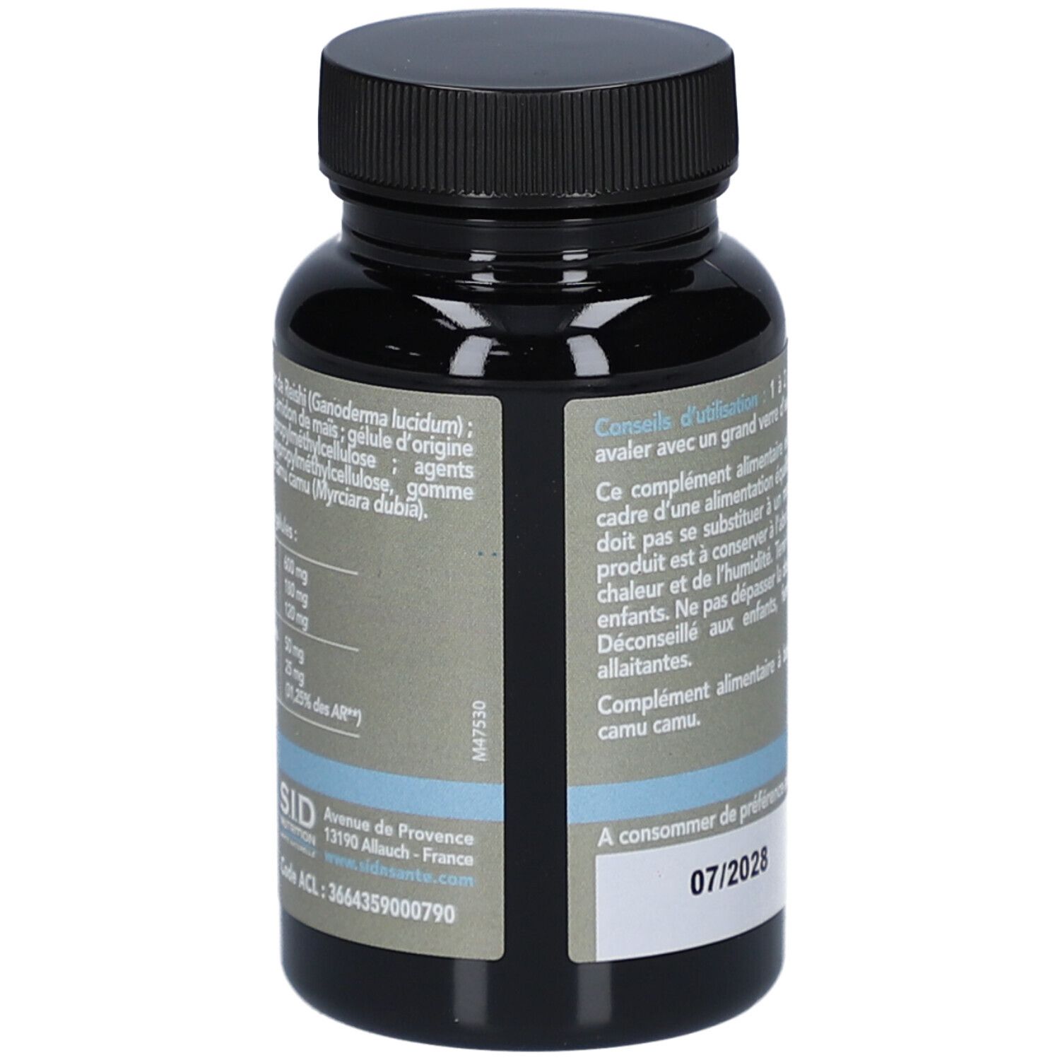 Dos du flacon brun. Texte avec ingrédients et informations nutritionnelles. Adresse du fabricant: S.I.D. Nutrition.