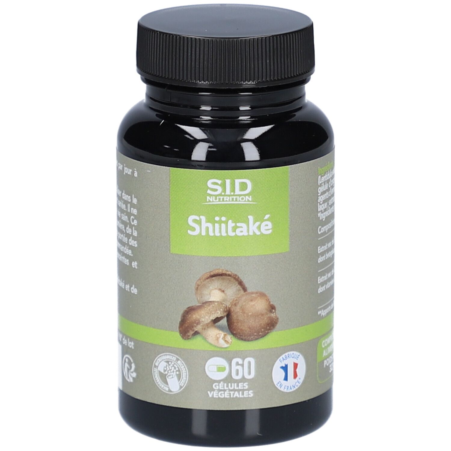Flacon noir de gélules de Shiitake. Inscription: S.I.D. Nutrition, Shiitake. 60 gélules. Fabriqué en France.